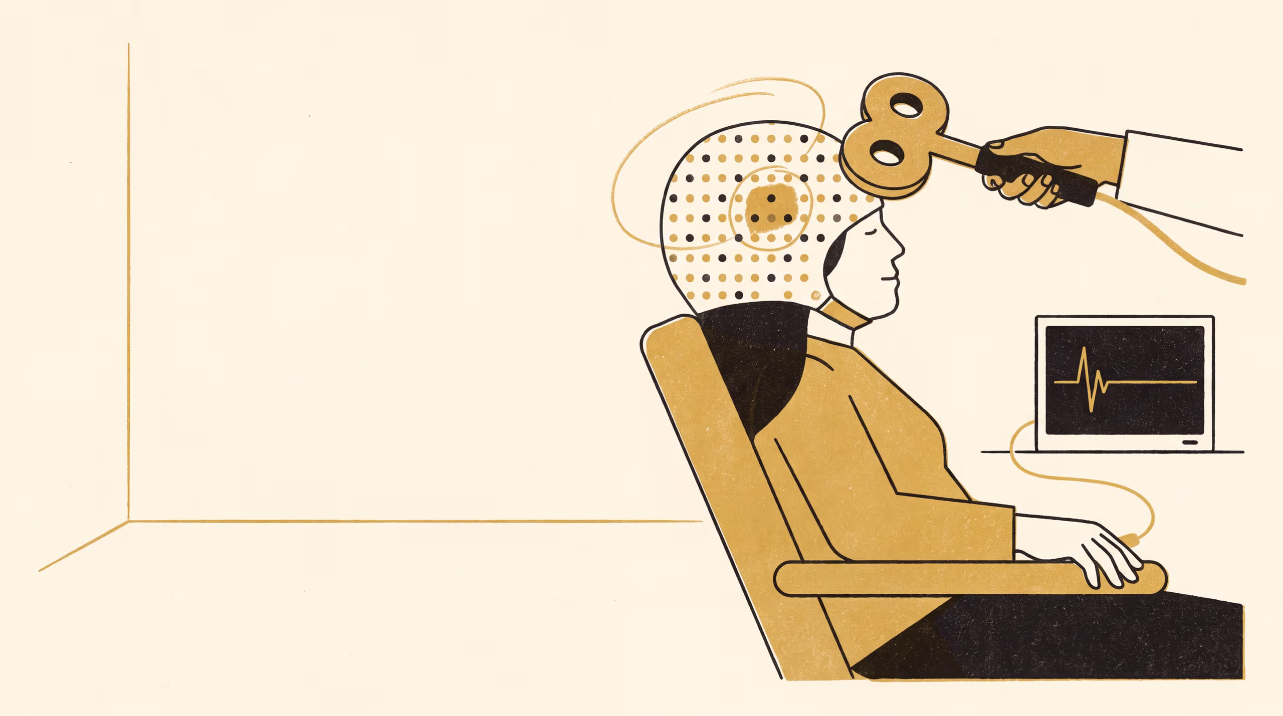 Illustration for Somebody Drew That Line: A landscape research-teaser campaign for the School of Underlying Conditions, setting a magnetic-stimulation mapping session beside the University's work on where a boundary is drawn