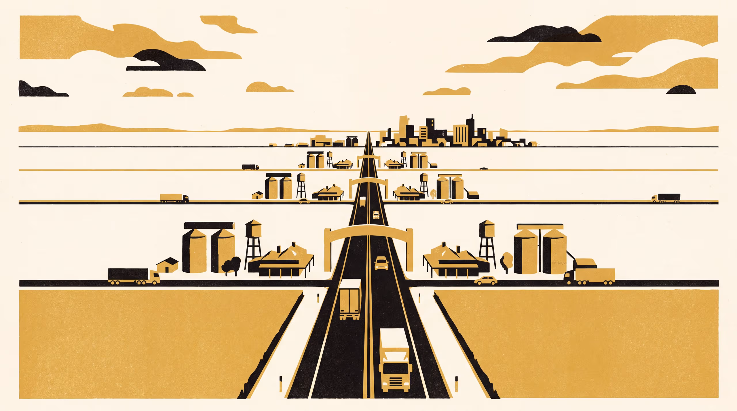 Illustration for Somebody Has to Be the Gateway: A display campaign from the School of Emergent Priorities, putting the University's corridor model of regional competition on the signage panel.
