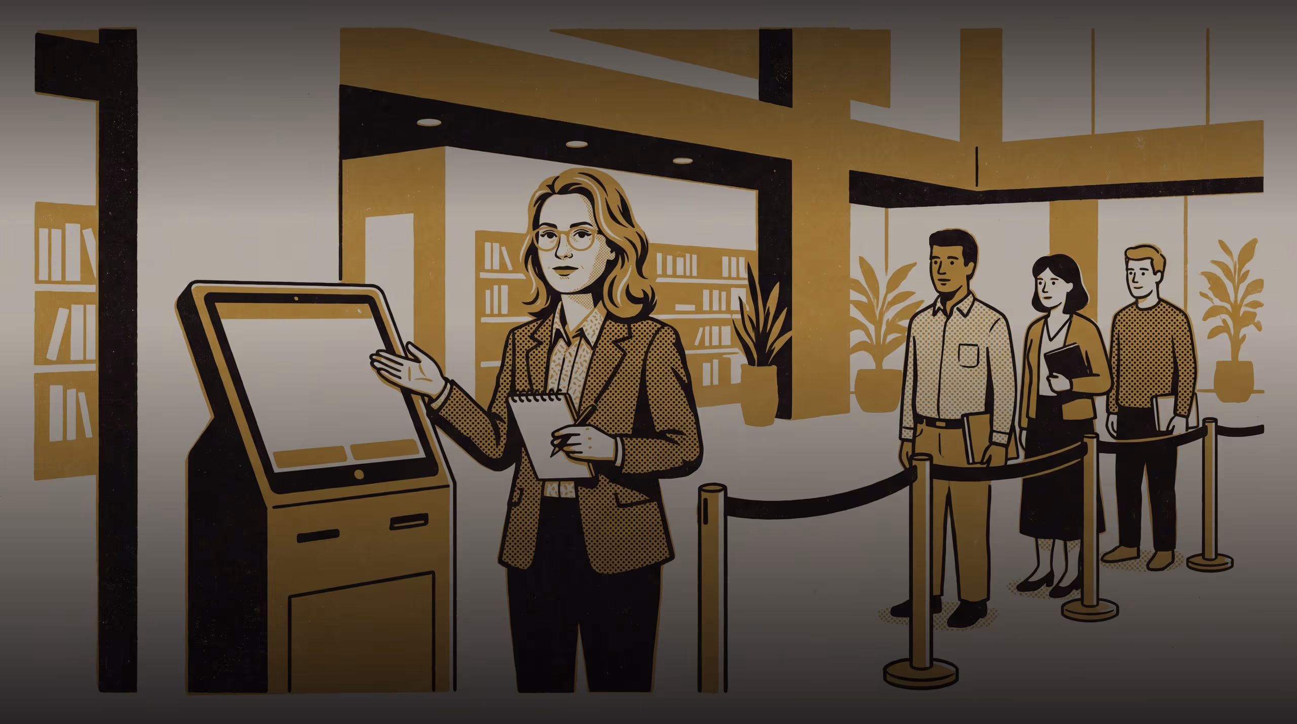 Illustration for Logged, Not Seen: A featured-researcher marketing poster for the School of Continuous Improvement, putting Dr Torun Ezeigwe beside an open-plan office reception kiosk whose four-type visitor taxonomy decides who gets a second look.