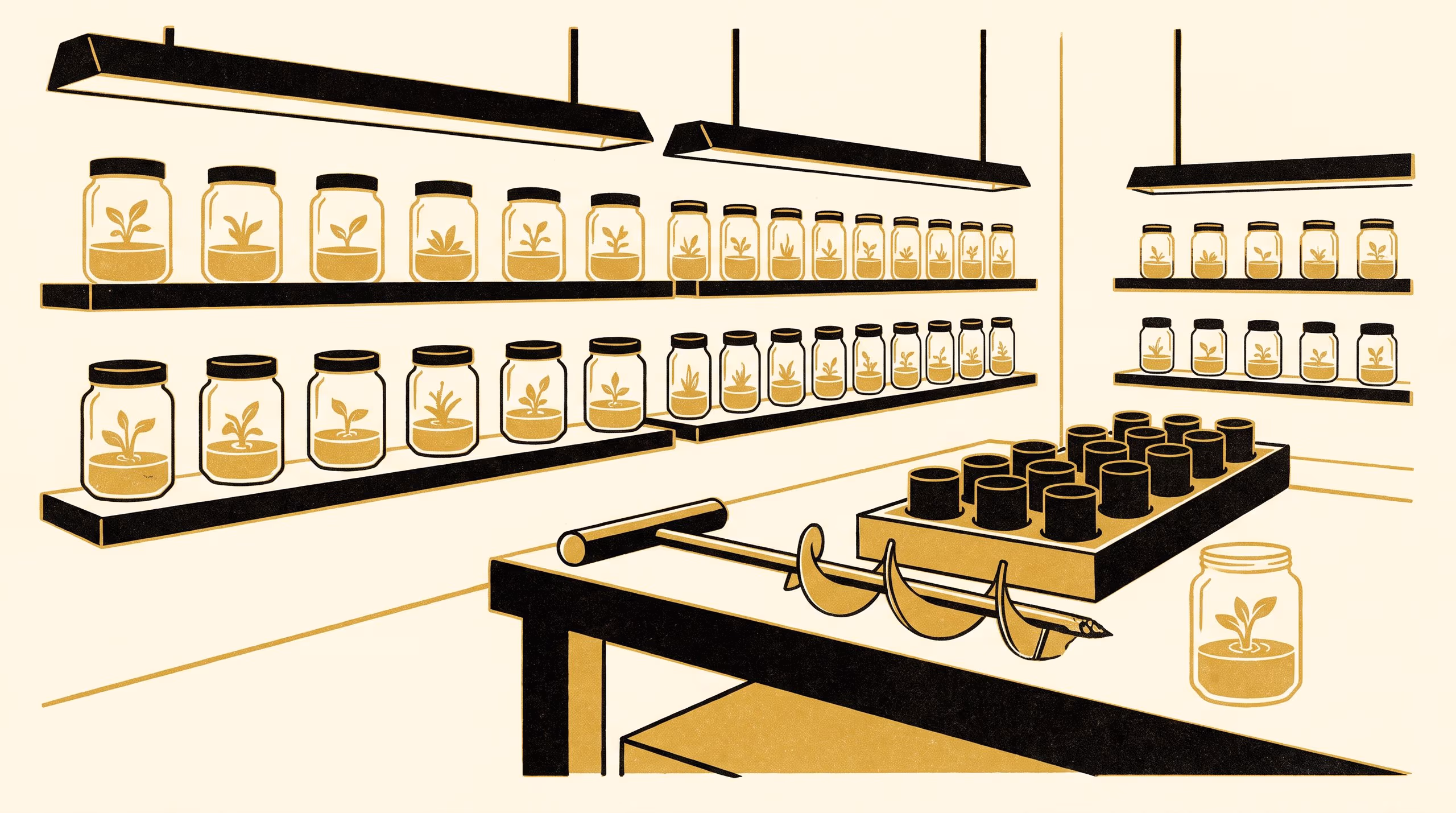 Illustration for Start Again from Very Little: A featured-researcher campaign for Slop University, in which a soil surveyor holds a culture jar at the edge of a soil pit