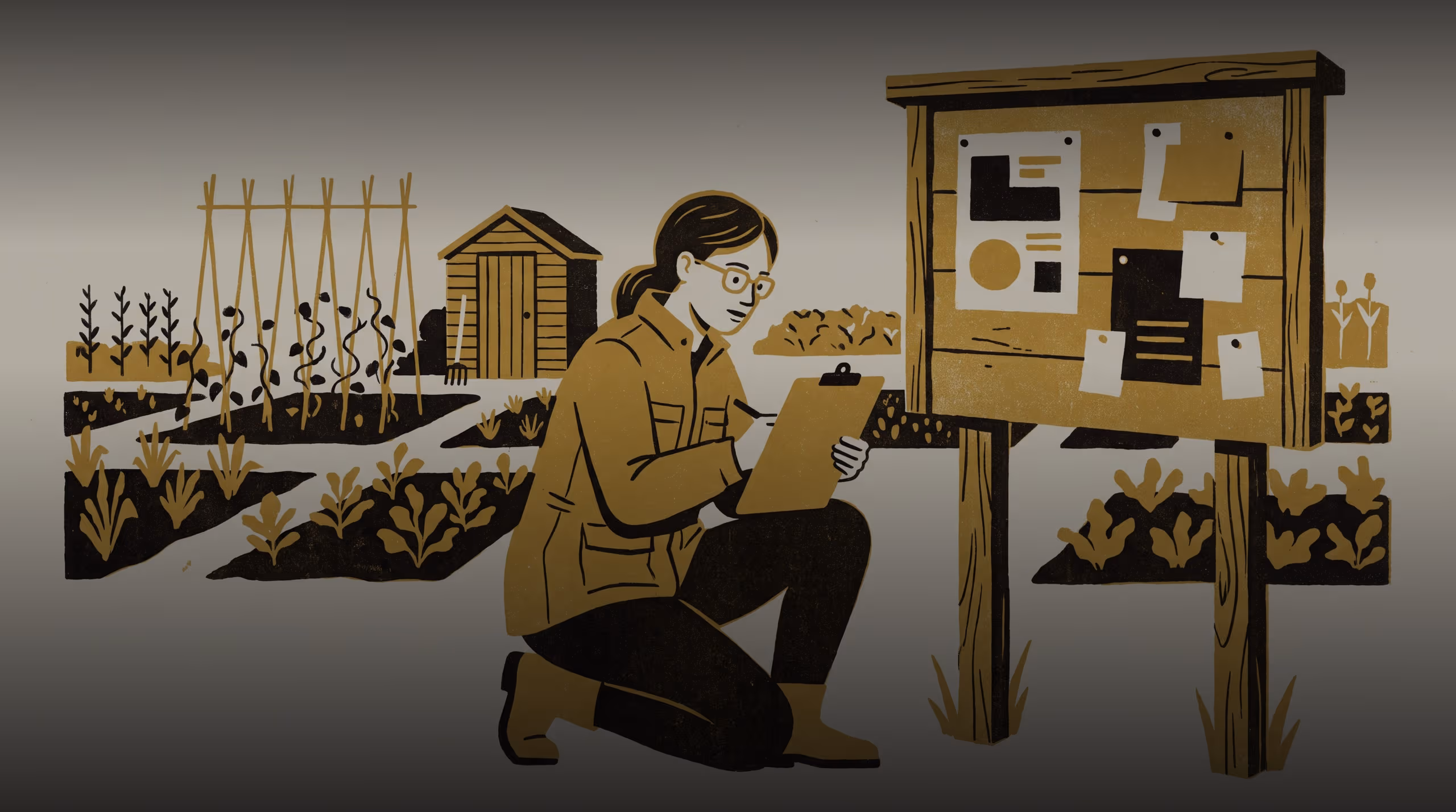 Illustration for The Metrics Lab Reran The Index. Nothing Replicated.: A featured-researcher marketing poster for the School of Continuous Improvement, built around Dr Mirela Hanke's failed replication of the Swipe Regularity Index on an allotment society's plot sign-in sheet, developed for bus-stop panels and campus digital signage in a landscape rotation.