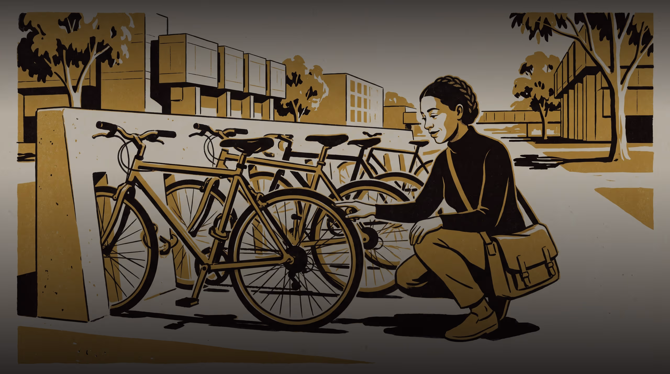 Illustration for The Bike Dock Already Outranks the Sign: A featured-researcher campaign for the School of Emergent Priorities, staged around Dr Petra Umbile's single-site case study of the library bike dock's unwritten locking order