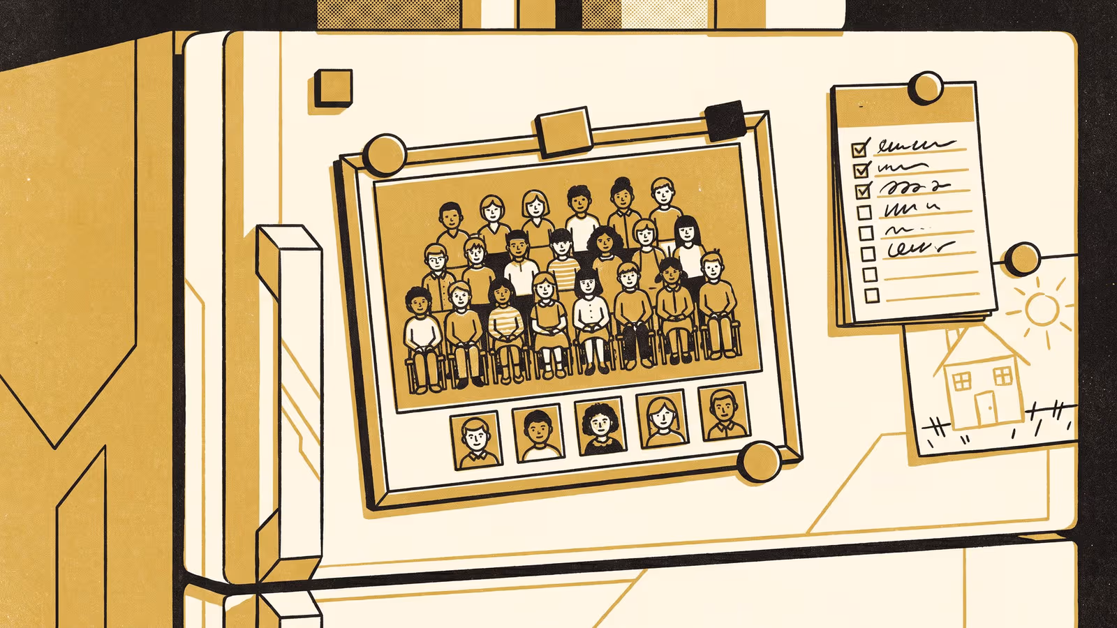 Illustration for Everyone Is In The Photo: A featured-researcher marketing poster for the School of Continuous Improvement, putting the convenor of Demo Quarter beside a school photograph day and the strip of portraits that completes the class record