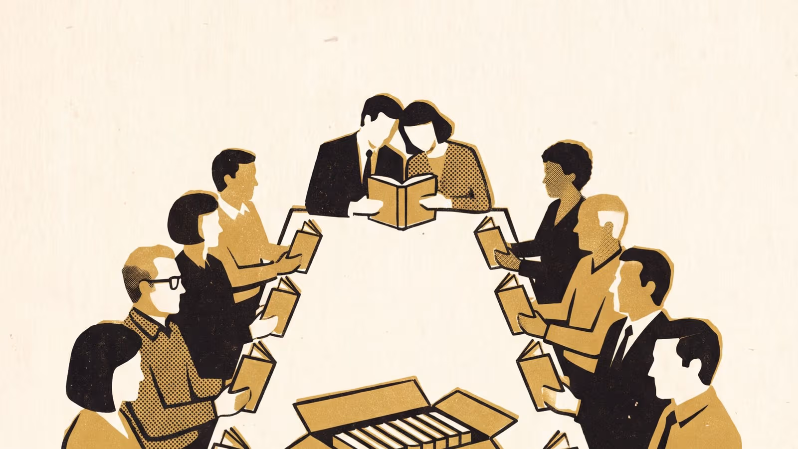 Illustration for 'We Only Had the One Copy': A regression discontinuity at the tenth place in a suburban book club's library loan box, offered as the reading-list rule for Master of Priority Studies seminars.