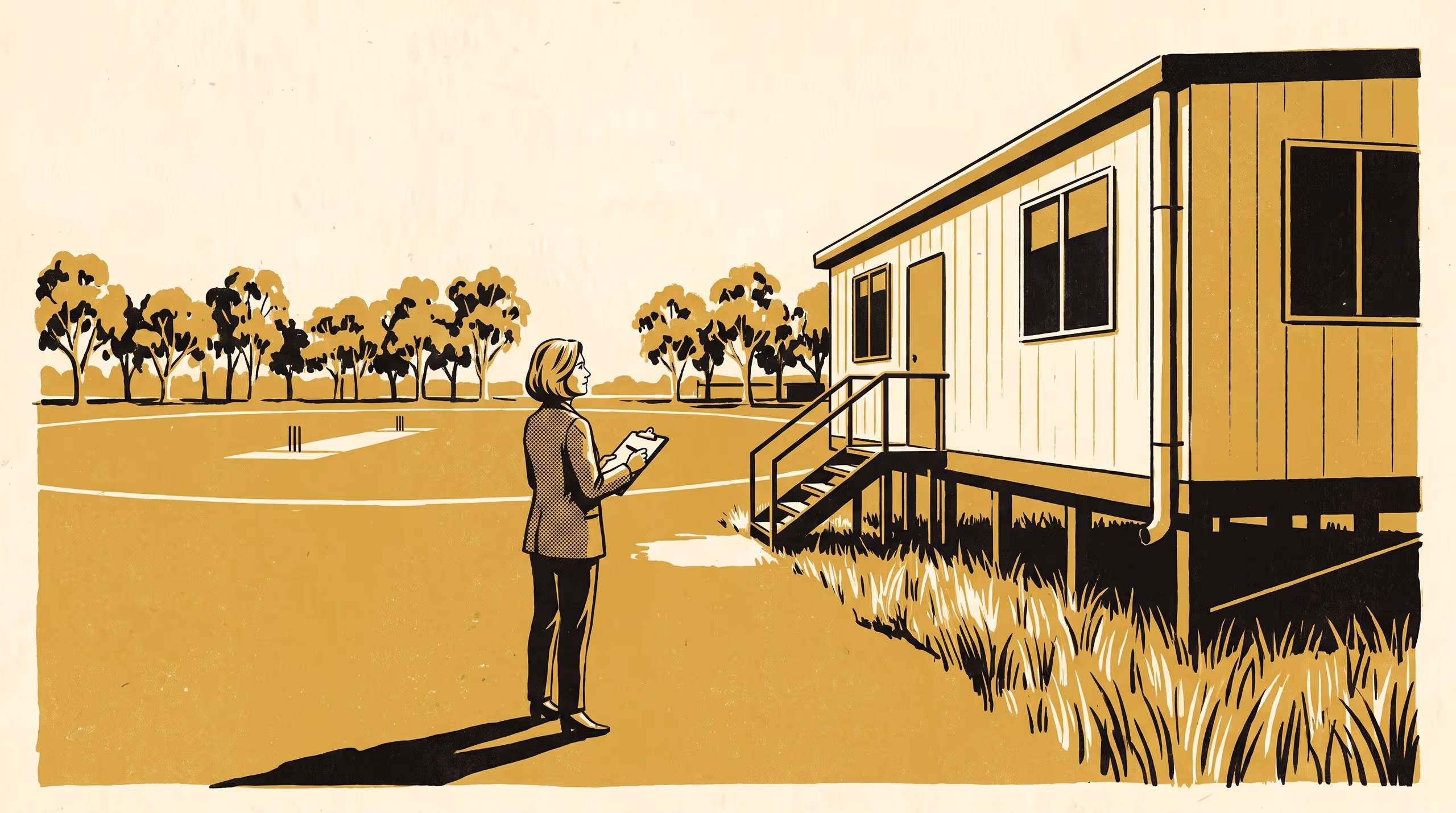 Illustration for The Pilot Is the Program: A featured-researcher signage campaign for the School of Emergent Priorities, staging Dr Lindiwe Achterberg with the demountable classroom decades into its interim arrangement