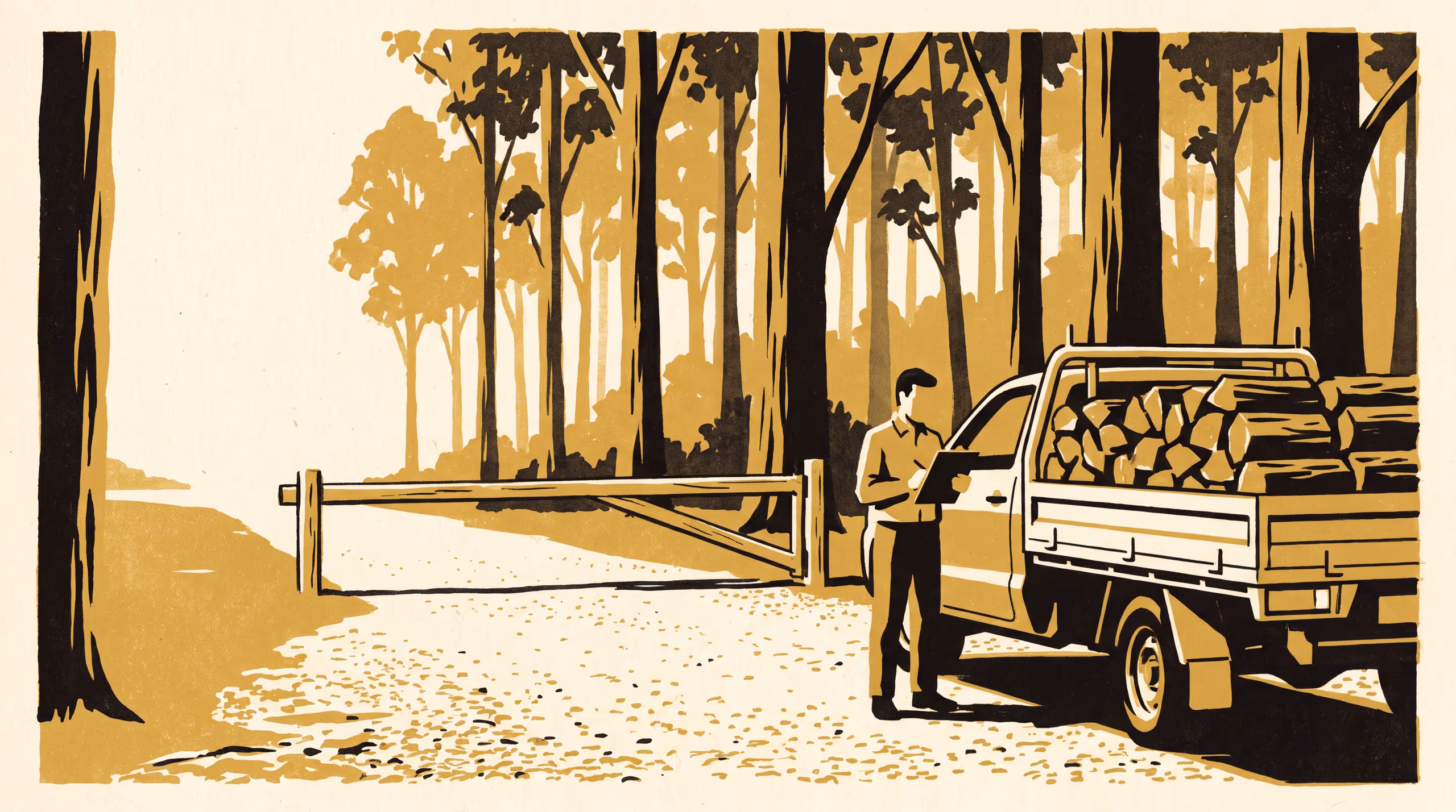 Illustration for A Limit Shaped Like A Ute Tray: A featured-researcher signage campaign for the School of Continuous Improvement, built around a state forest's season firewood limit written as one level ute tray