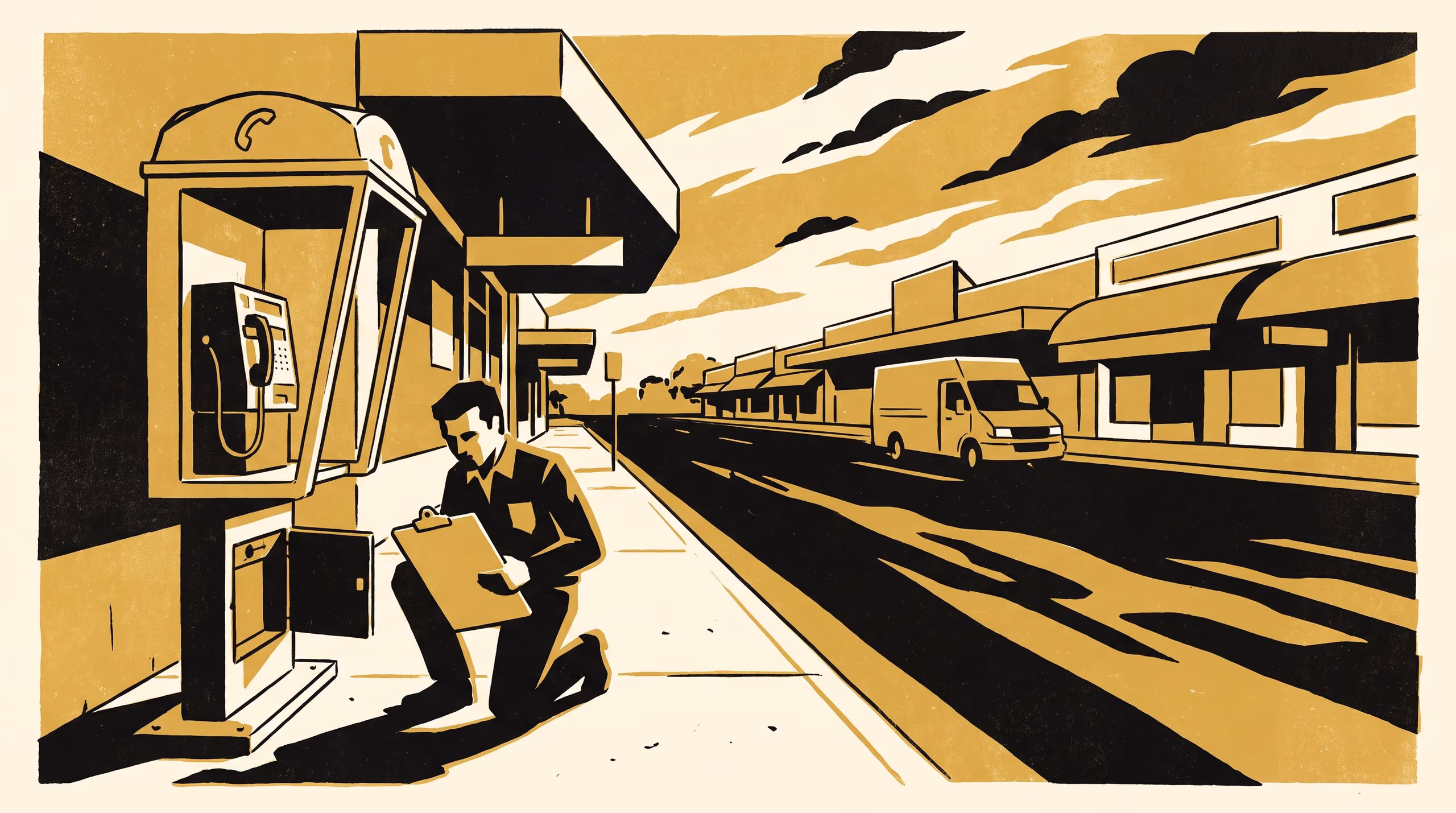 Illustration for Free To Call. Counted As Unused.: A ranking-brag marketing poster for the School of Emergent Priorities, carrying the School's standing on the Horizon Register onto the portrait signage panels, staged at a suburban phone box whose coin box has yielded nothing since the calls were made free