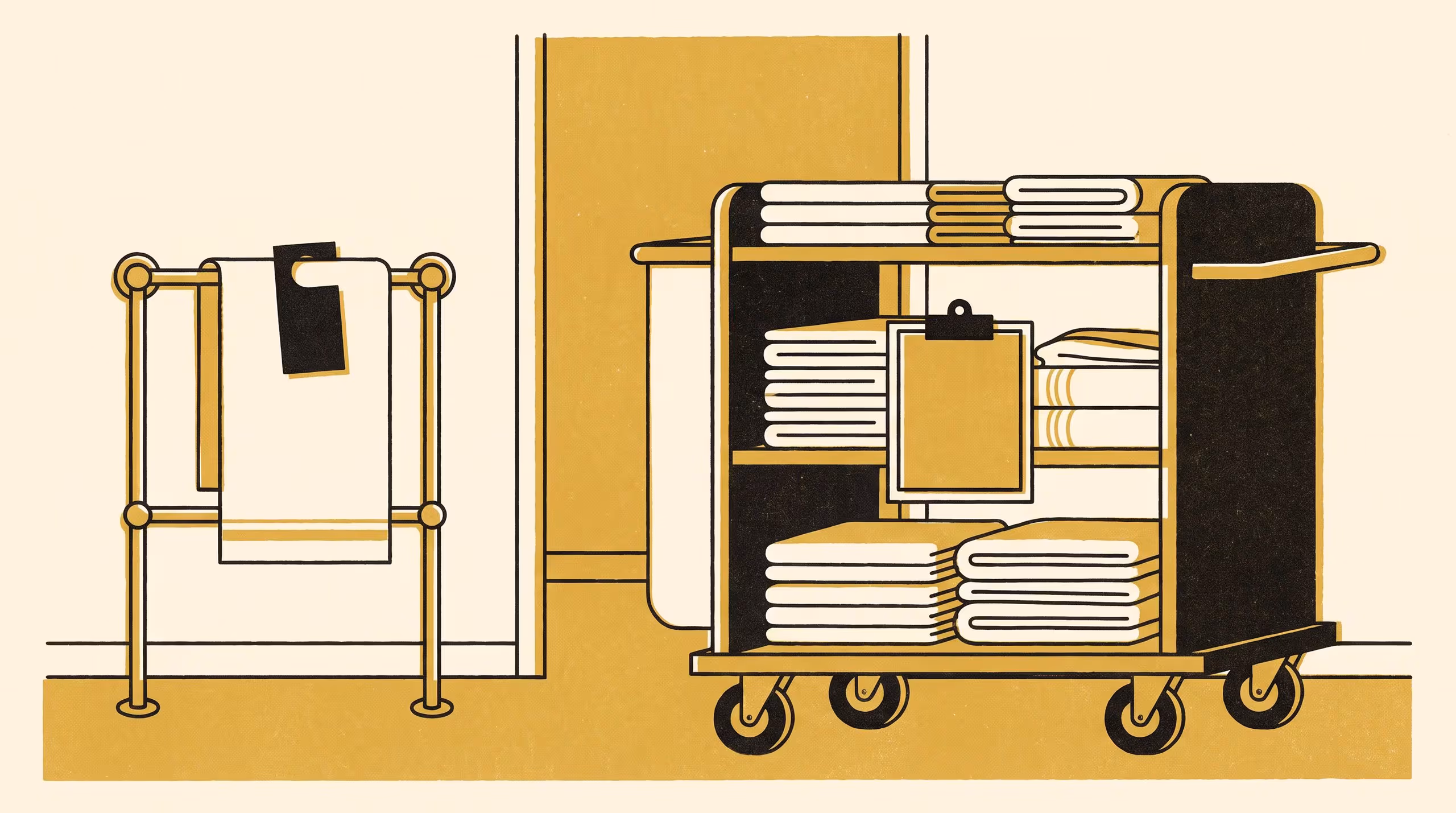 Illustration for The Target Came Before The Towel: A featured-researcher signage campaign for the School of Emergent Priorities, staging Associate Professor Kwame Lindqvist with the hotel linen card whose programme was costed before anyone settled what it was counting