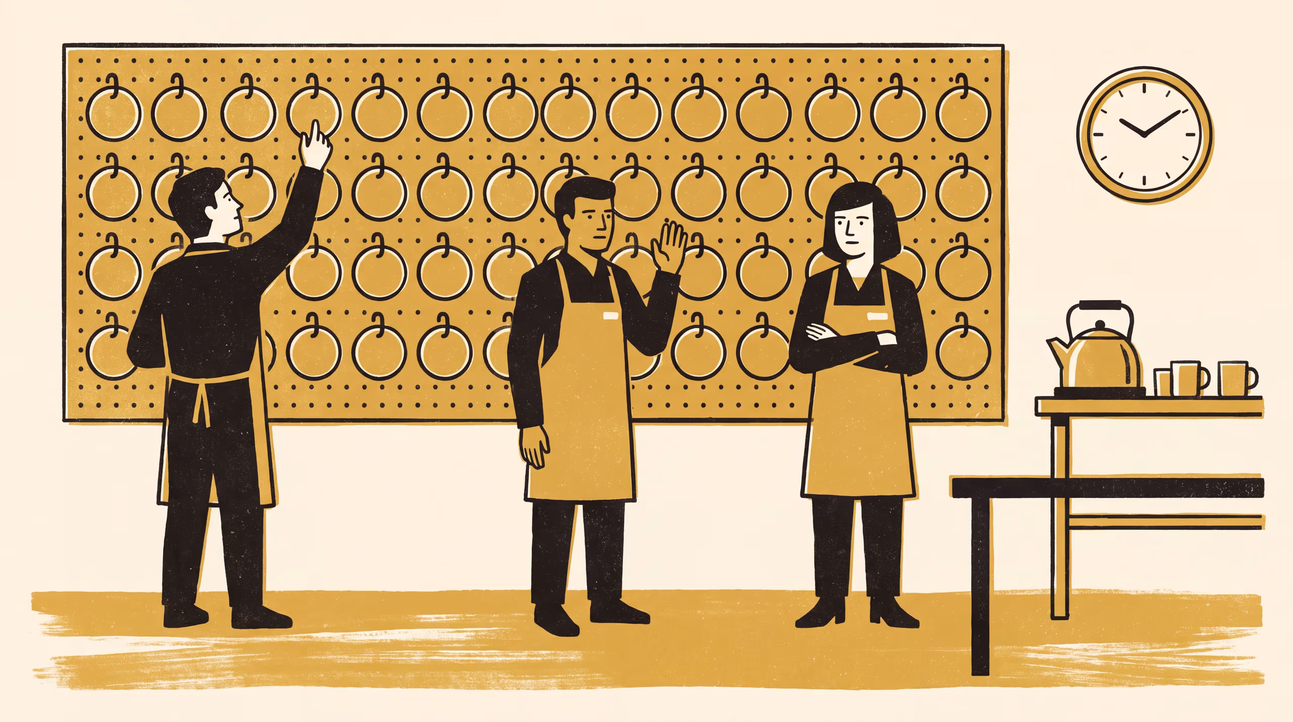 Illustration for Towards an Eighth Kind of Dispute: A campaign in which a taxi-rank finding is taken to a supermarket staff-room pegboard and observed until it repeats