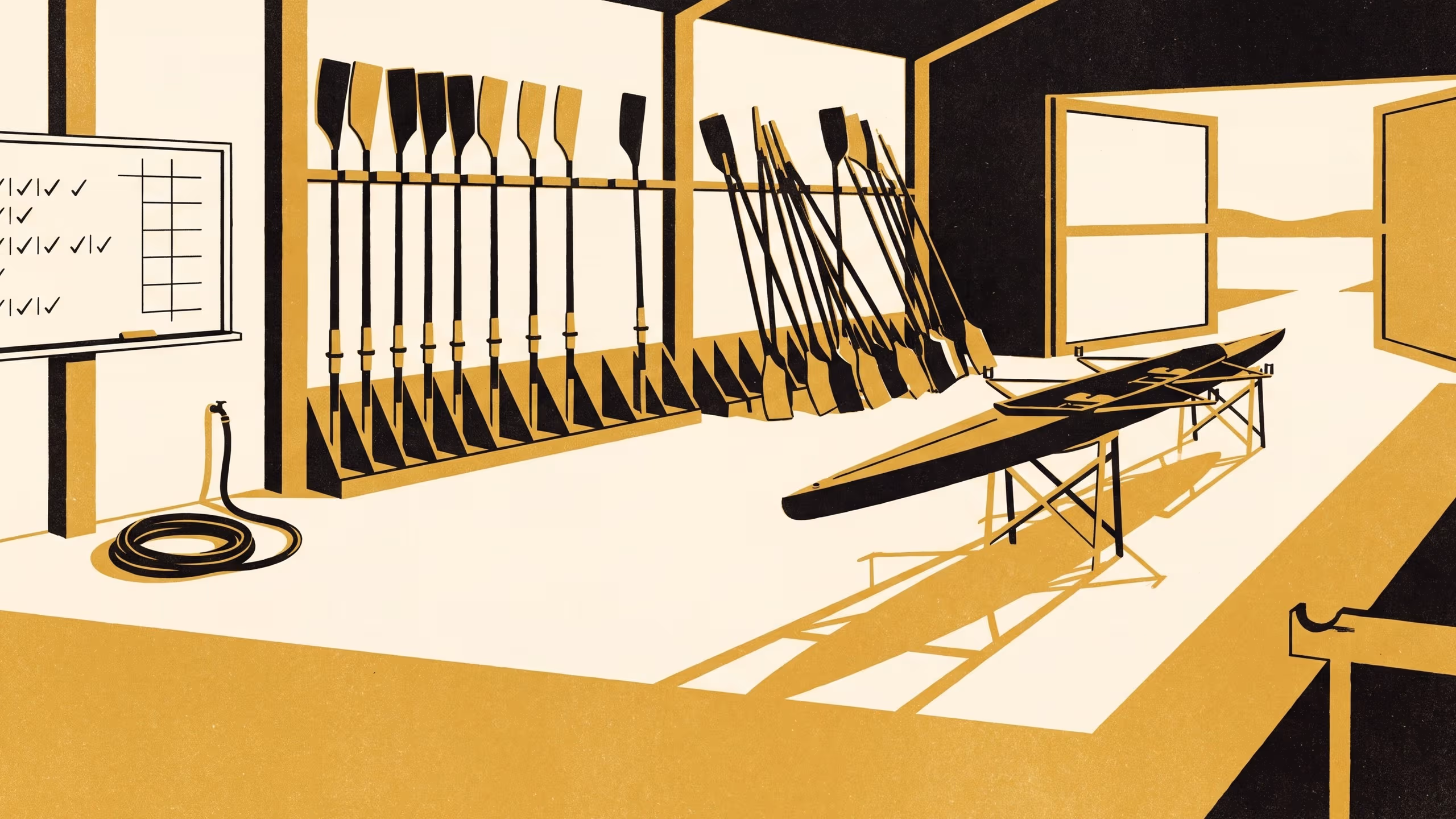 Illustration for Groundwork for a Level Four Oar Rack: A featured-researcher campaign for the School of Continuous Improvement, built around the five-level scale a rowing club's duty officer scores its boat-shed oar rack against and the rule that bars any new oar until the next level is attested