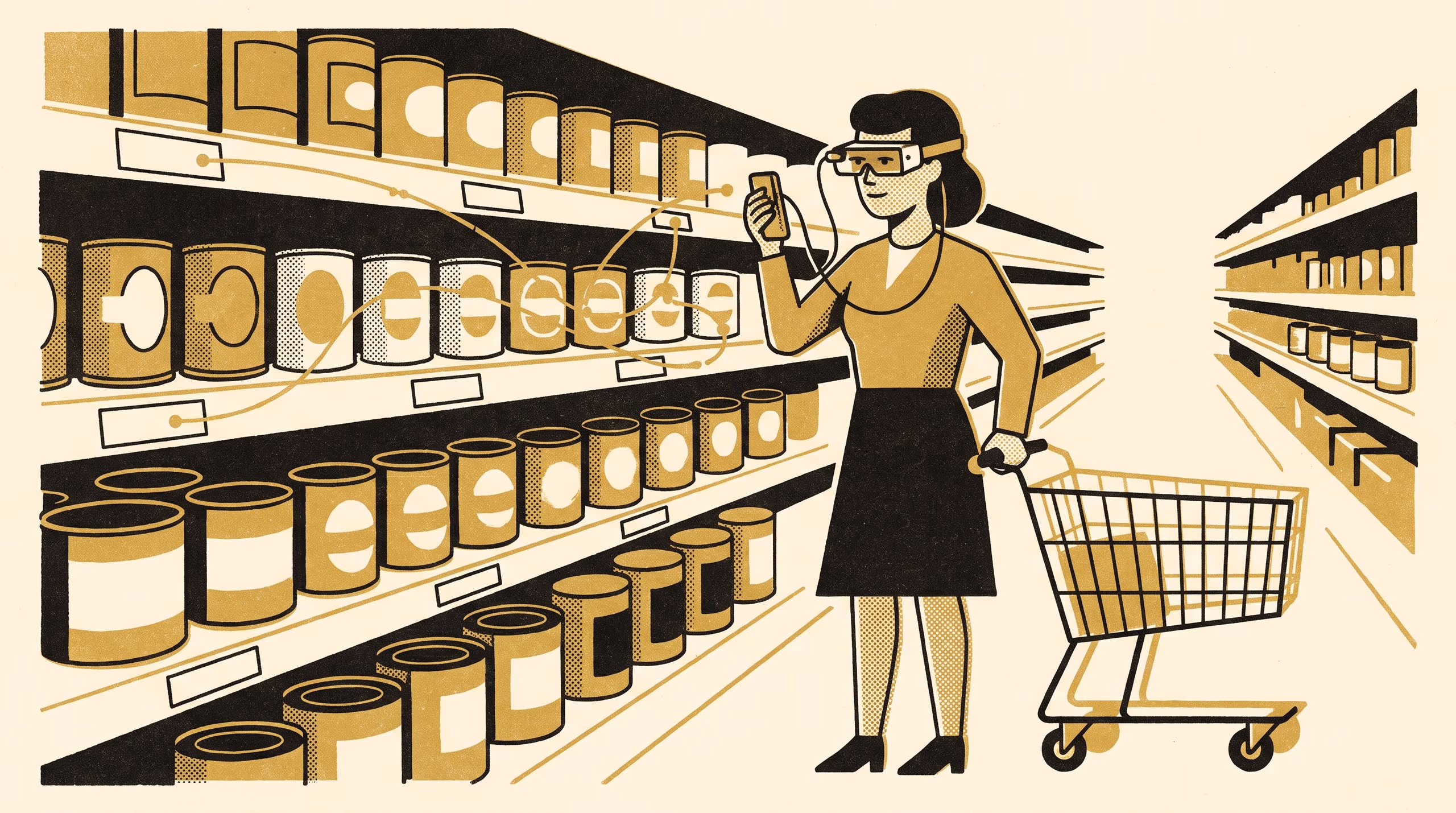Illustration for The Shelf Already Knows What You'll Reach For: A featured-researcher campaign for the School of Emergent Priorities, built around Dr Runa Adegoke's SLOT eye-tracking instrument and the shelf-space rule now set on top of it.
