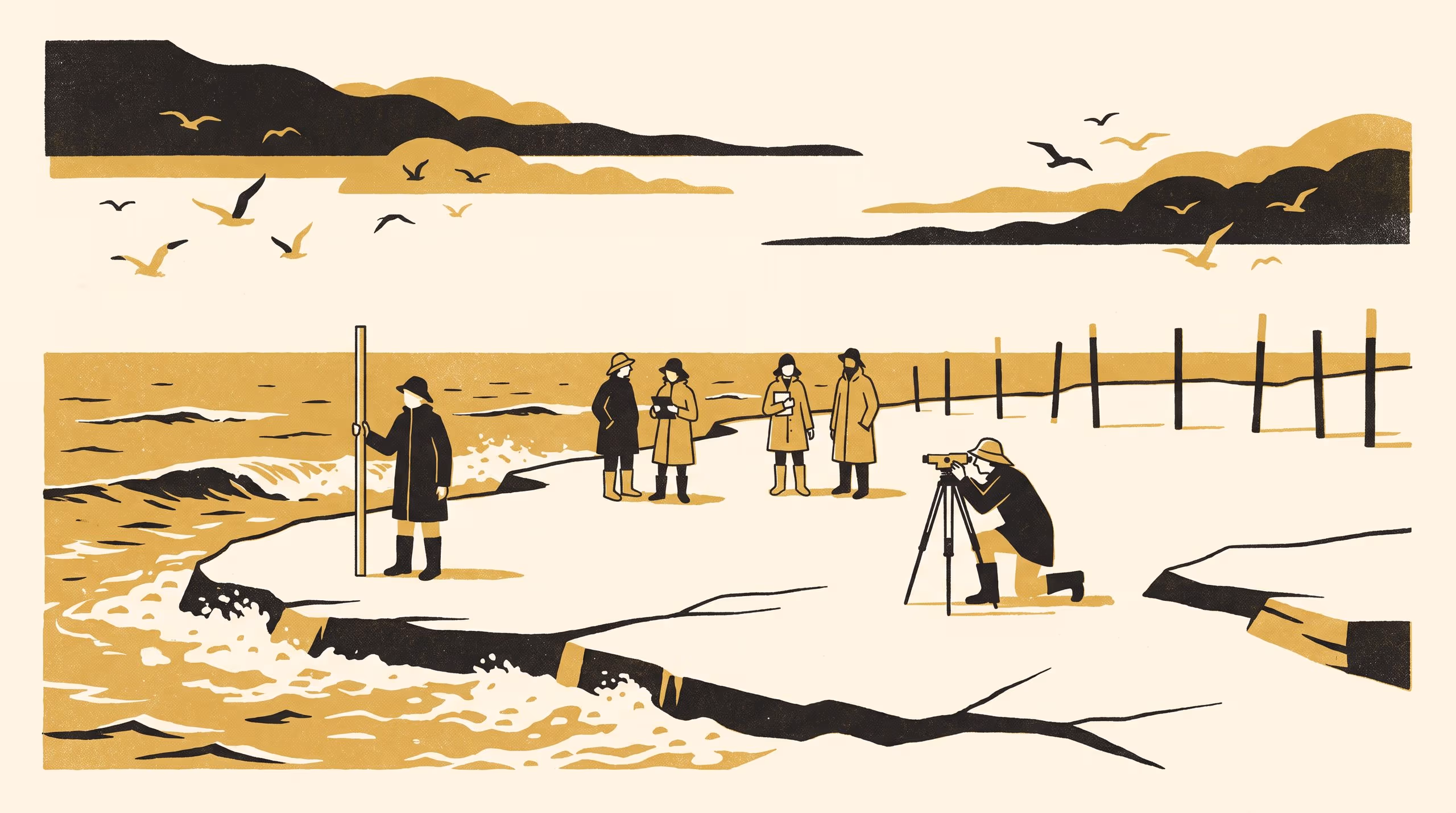 Illustration for The Shore Moves. Come See What Doesn't.: A portrait Open Day campaign for the Basement Relations Group, set on a beach a storm has stripped back to its rock platform