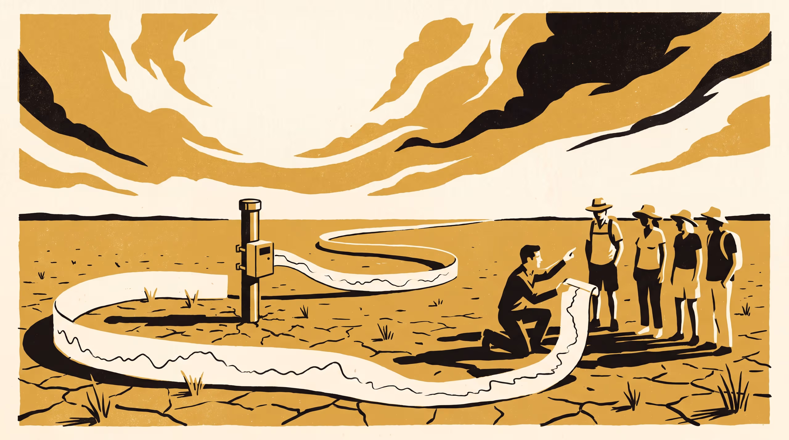 Illustration for The Stream Arrives Once: A display campaign for the School of Underlying Conditions' spring Open Day, at which visitors watch a bore logger's record mined in a single pass.