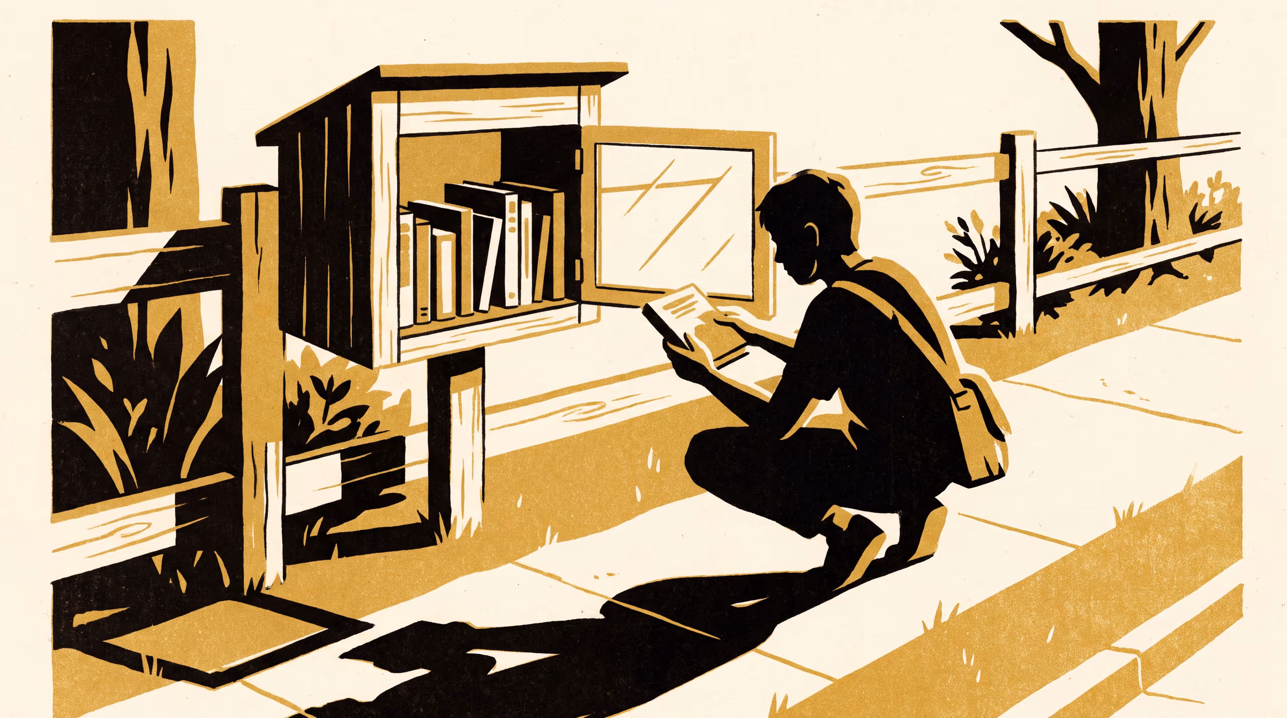 Illustration for A Full Shelf Is Not A Busy One: A come-study marketing poster for the School of Continuous Improvement, built around the Master of Applied Measurement and a street library box whose stock is read off the spines behind the glass.