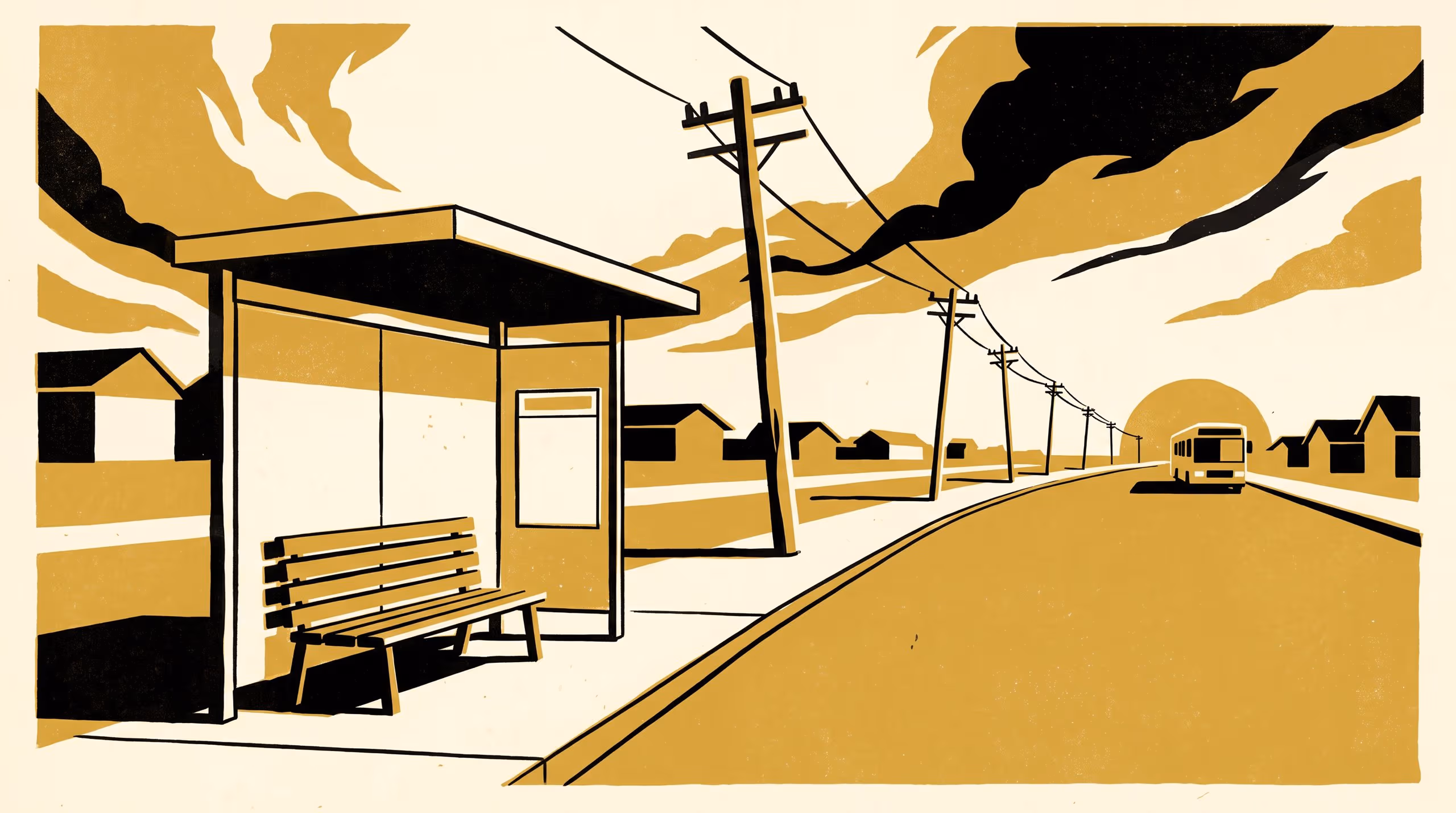 Illustration for On Time Where The Clock Was: A featured-researcher marketing poster for the School of Emergent Priorities, built around Dr Iben Chikere and a suburban bus shelter standing between the timing points a route is judged on.