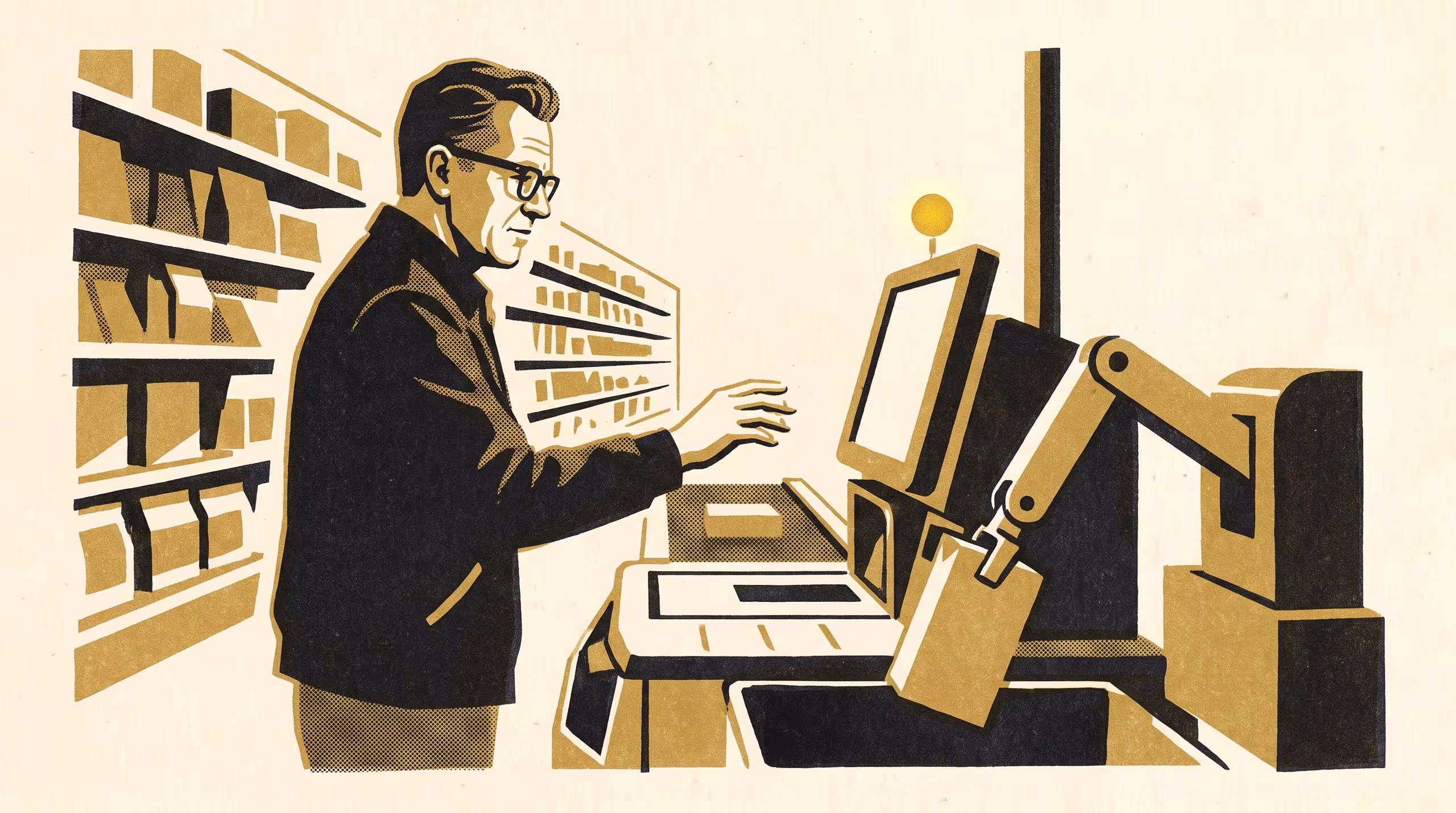 Illustration for Helped Before You Reached For It: A featured-researcher marketing poster for Senior Lecturer Renke Sabel, School of Continuous Improvement, built around a supermarket self-checkout that scans and bags an item before a shopper's hand has fully reached it.