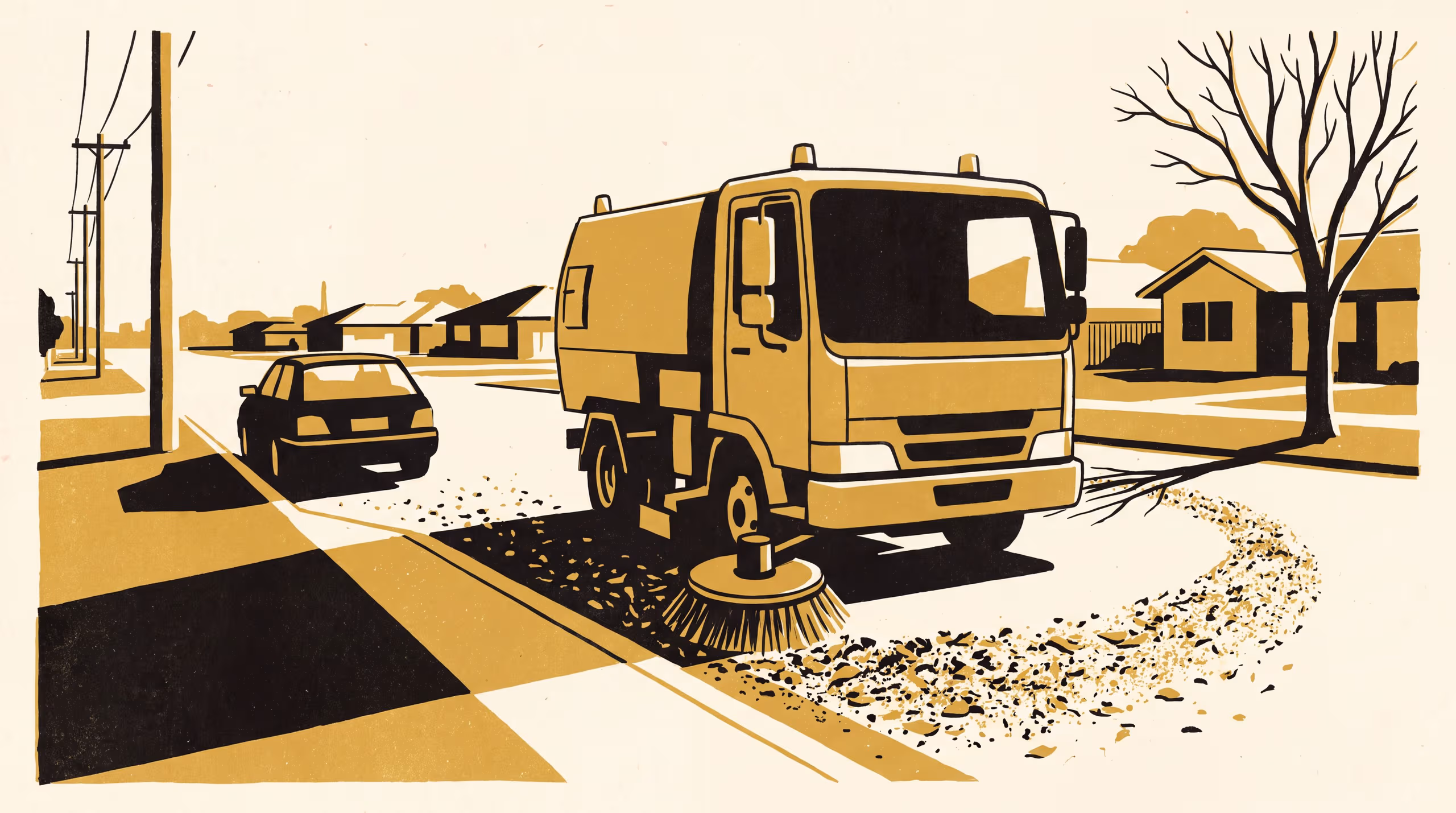 Illustration for Swept Around. Counted Whole.: A program-and-event marketing poster for the School of Emergent Priorities, carrying a public session of Futures in Committee onto the landscape signage panels, staged at a suburban kerb the street sweeper has just passed