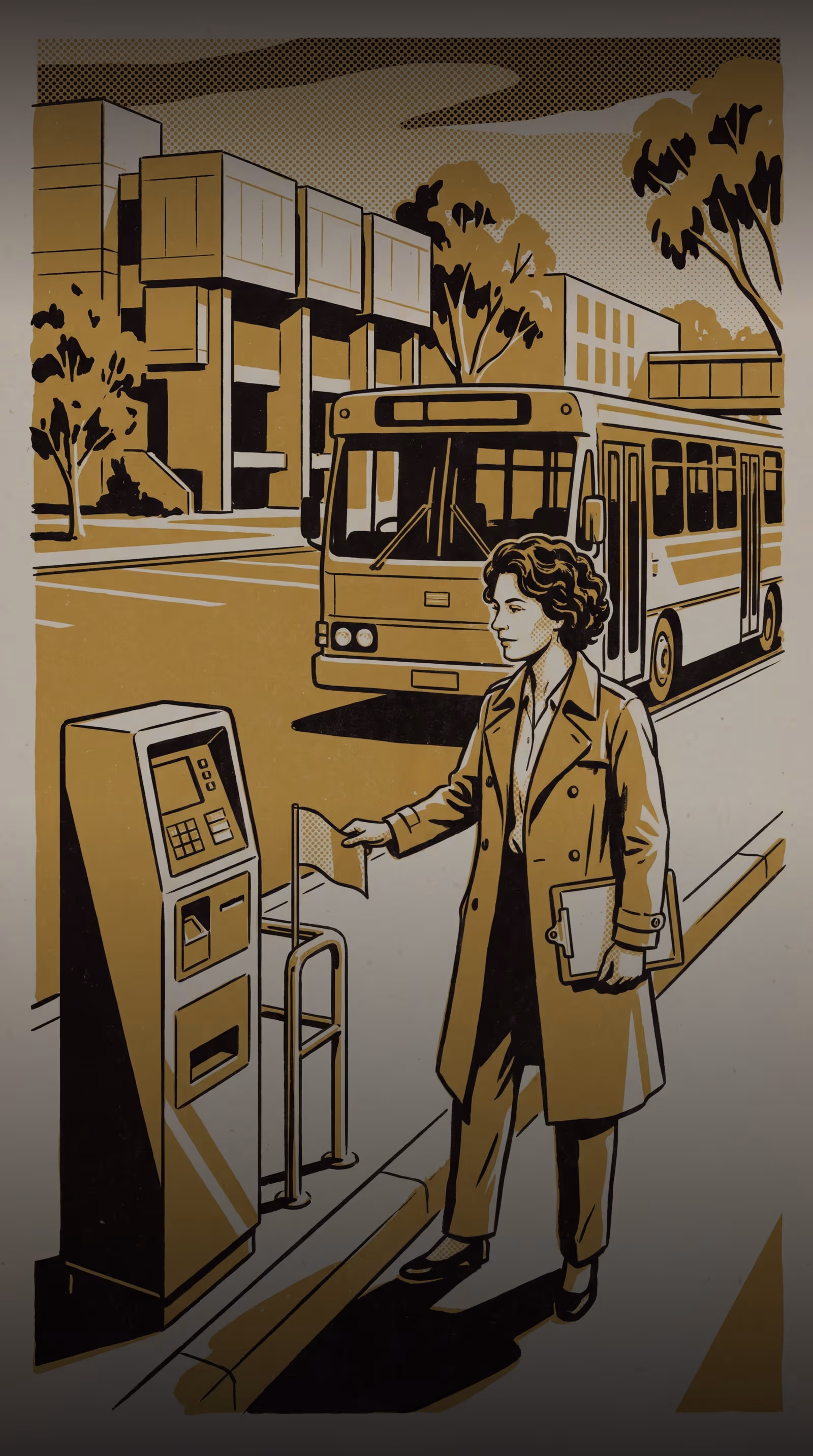 Illustration for The Kerb Is Closer. The Wait Isn't.: A featured-researcher marketing poster for Postdoctoral Fellow Anouk Mensah, School of Emergent Priorities, staged around a volunteer coordinator's null result on a Saturday shuttle's boarding delay