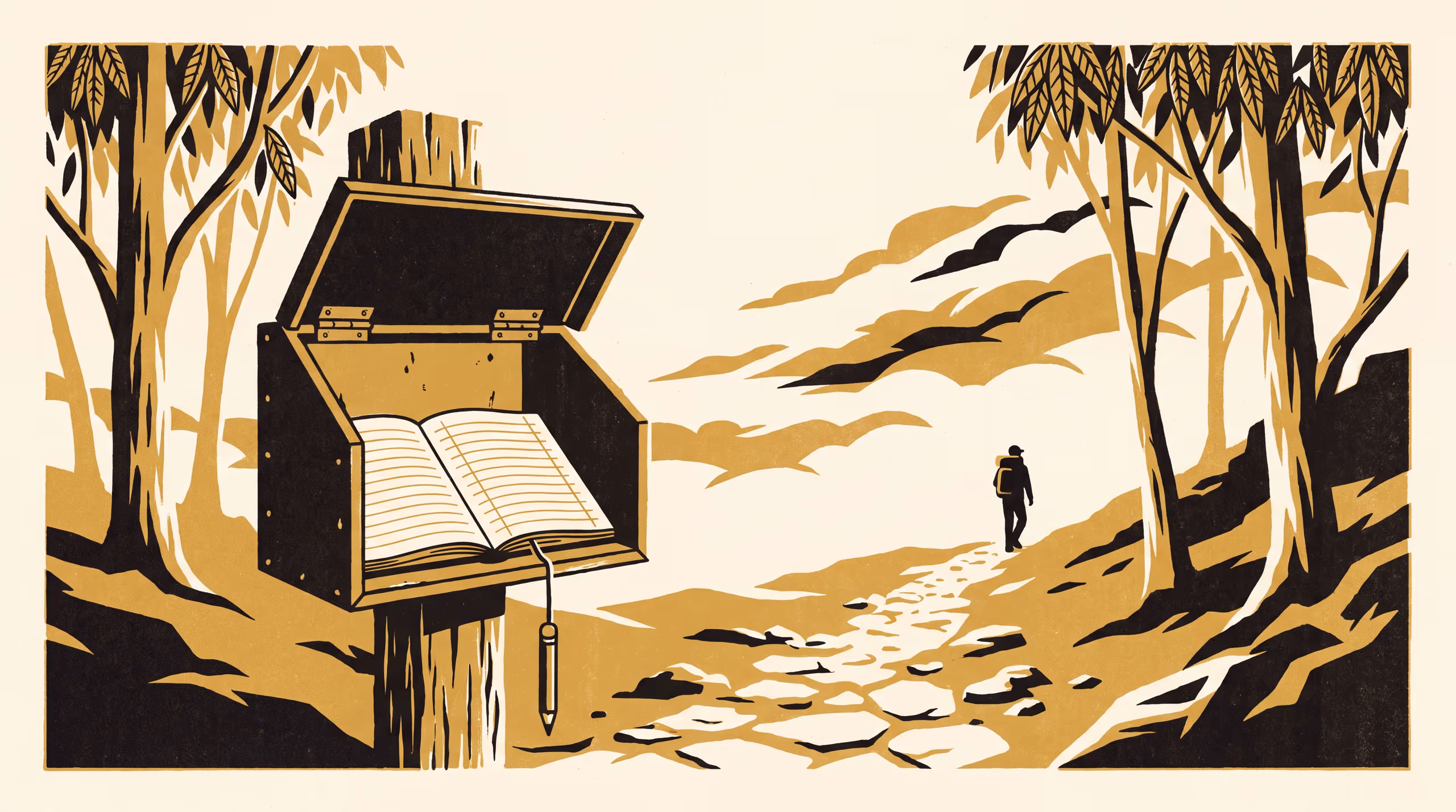 Illustration for The Book Only Knows The Plan: A ranking-brag marketing poster for the School of Emergent Priorities, staged at a bush trailhead's walkers' intentions book and the count a parks agency reads off it
