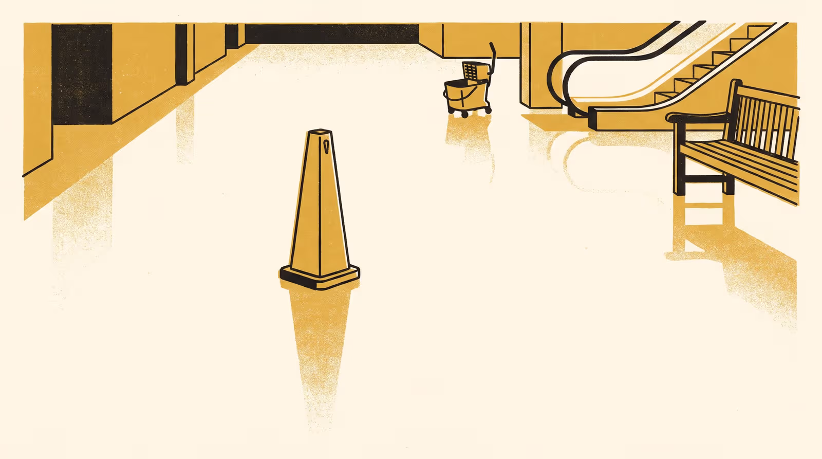 Illustration for Somebody Saw It First: A featured-researcher signage campaign for the School of Continuous Improvement, staging Dr Solveig Adeyemi with the warning cone that outlives the incident nobody logged