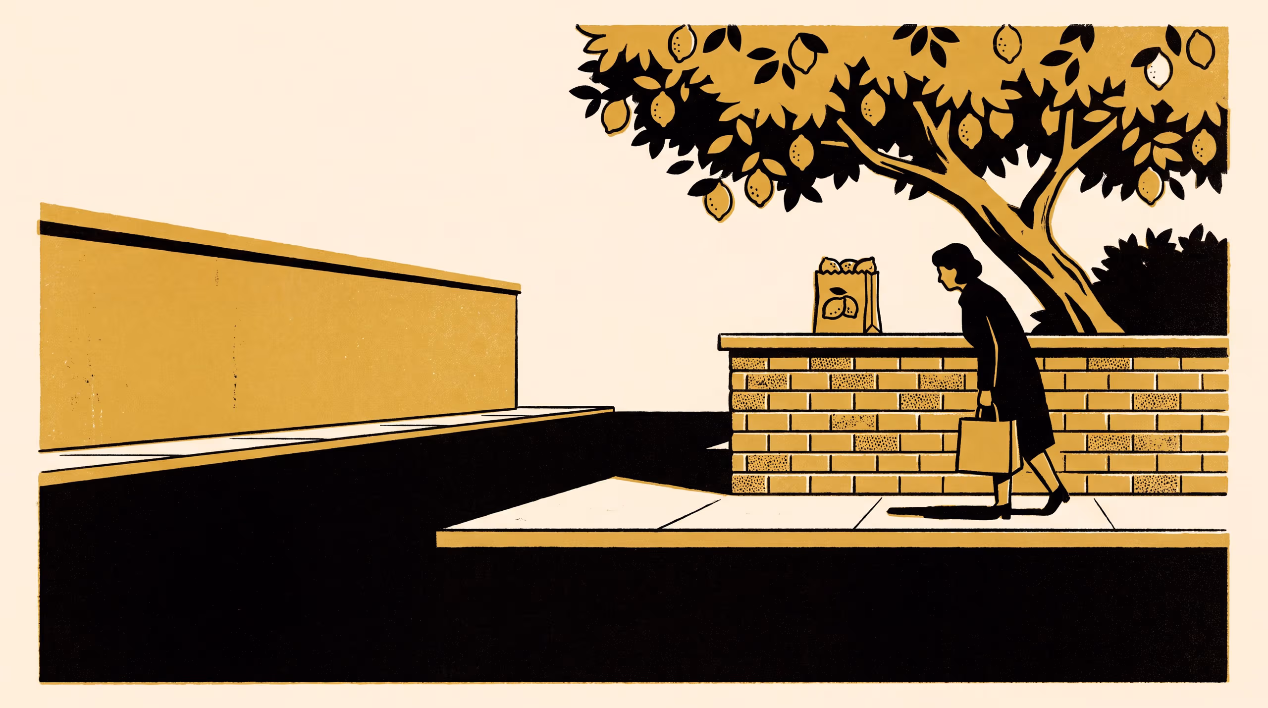 Illustration for WALLBAG: Wall-Left Lemon Bag Acceptance Gate: a come-study marketing poster for the Master of Applied Measurement, built around householders' accounts of the point at which a bag of surplus lemons left on a front wall stops being a gift and becomes a favour owed.