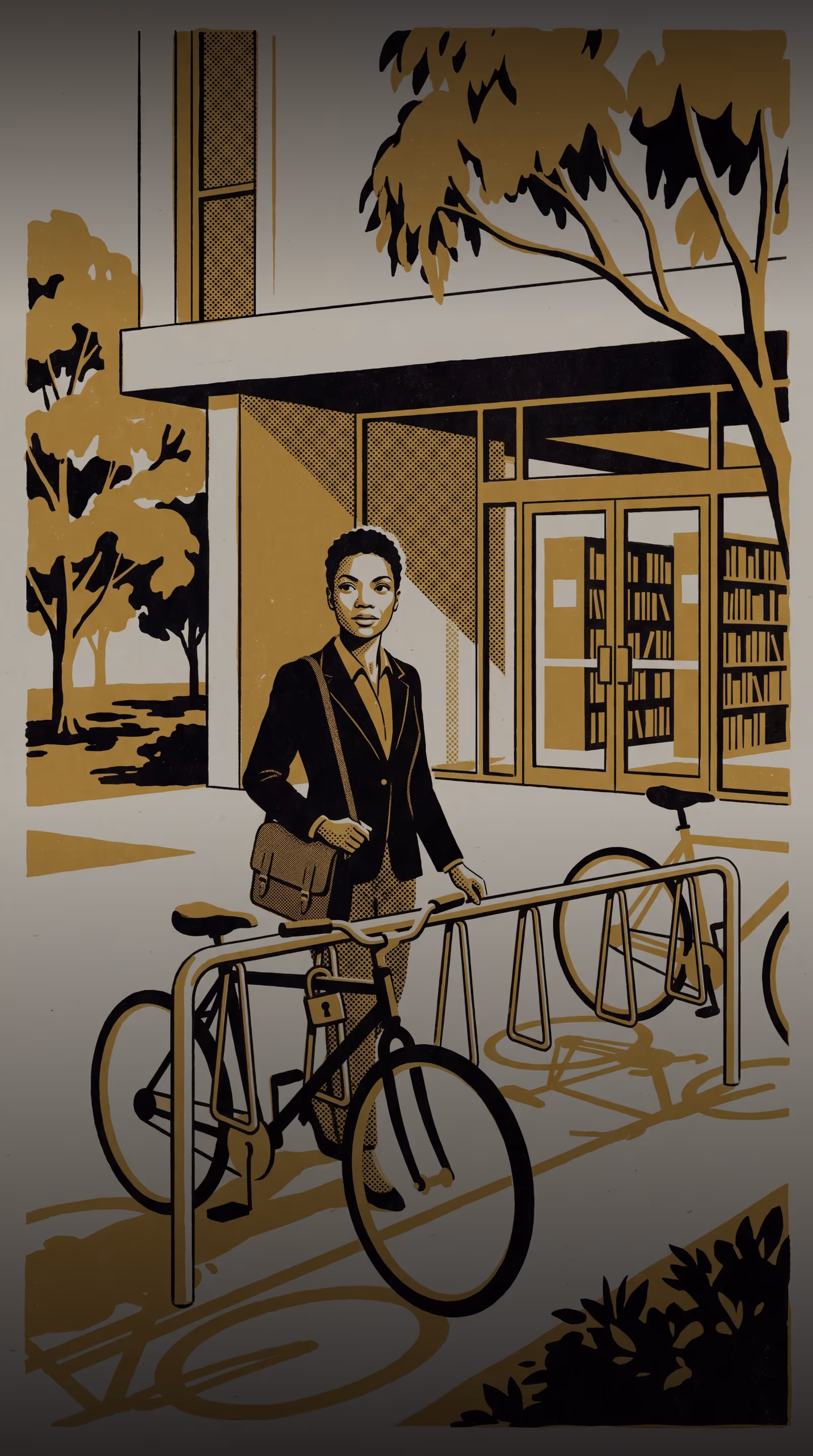 Illustration for Null, Not Buried: A featured-researcher marketing poster for Lecturer Solveig Adeyemi, School of Continuous Improvement, built around a null finding that library bike-rack fullness predicts nothing about study-room bookings.