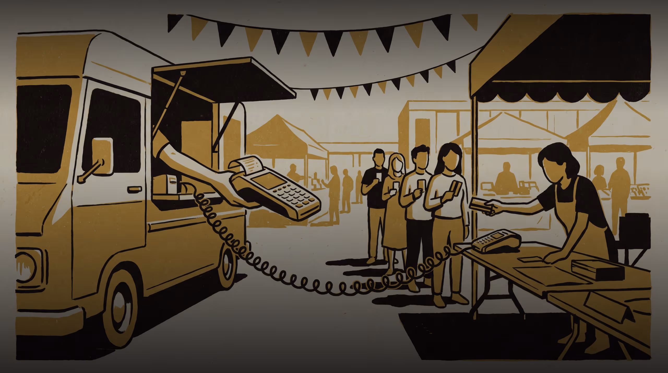 Illustration for Towards Fair Turns at the Terminal: A campaign for Futures in Committee's new sharing-roster standard, certifying whose turn it is on the one card machine a food truck and its neighbouring strip-mall trader pass between them