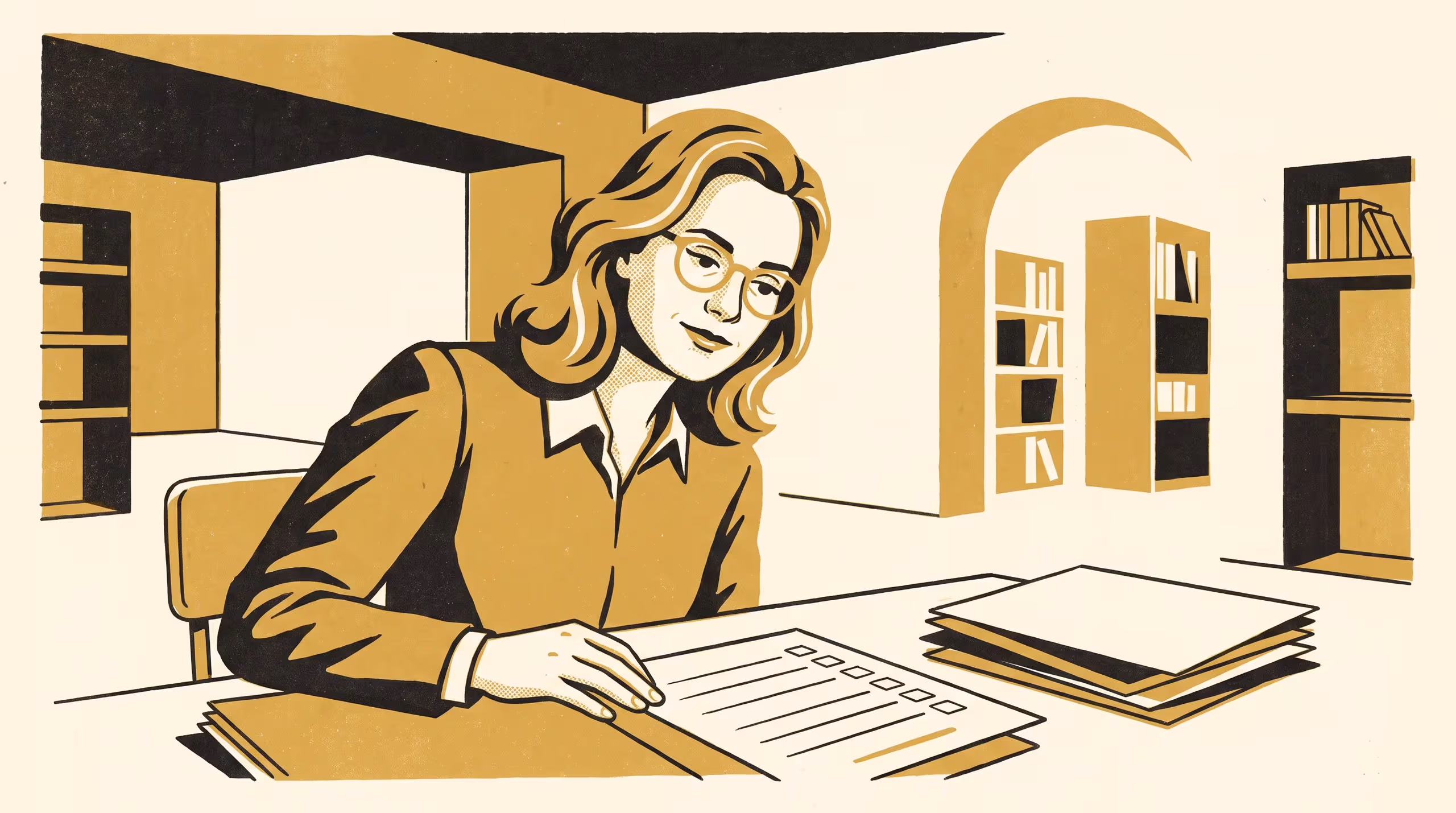 Illustration for The Instrument Deserves Scrutiny Too: A featured-researcher campaign for the Master of Applied Measurement, staging Dr Torun Ezeigwe with the marking rubric her research keeps returning to.