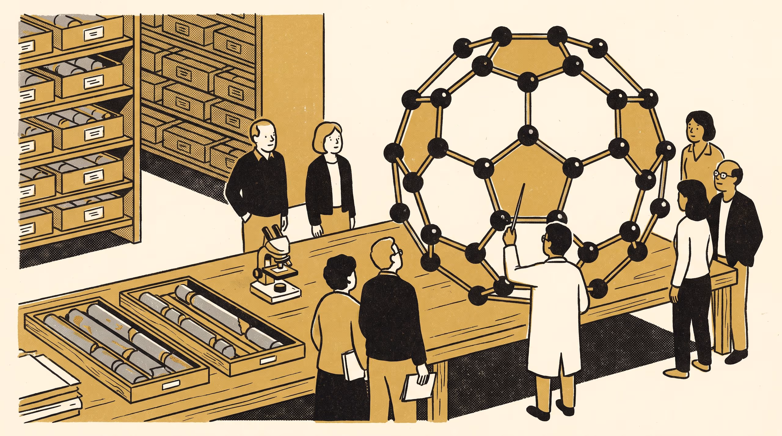 Illustration for Twelve Pentagons. Every Time.: A display campaign for the School of Underlying Conditions' spring Open Day, at which visitors count the faces of a carbon-cage model at the laboratory bench.
