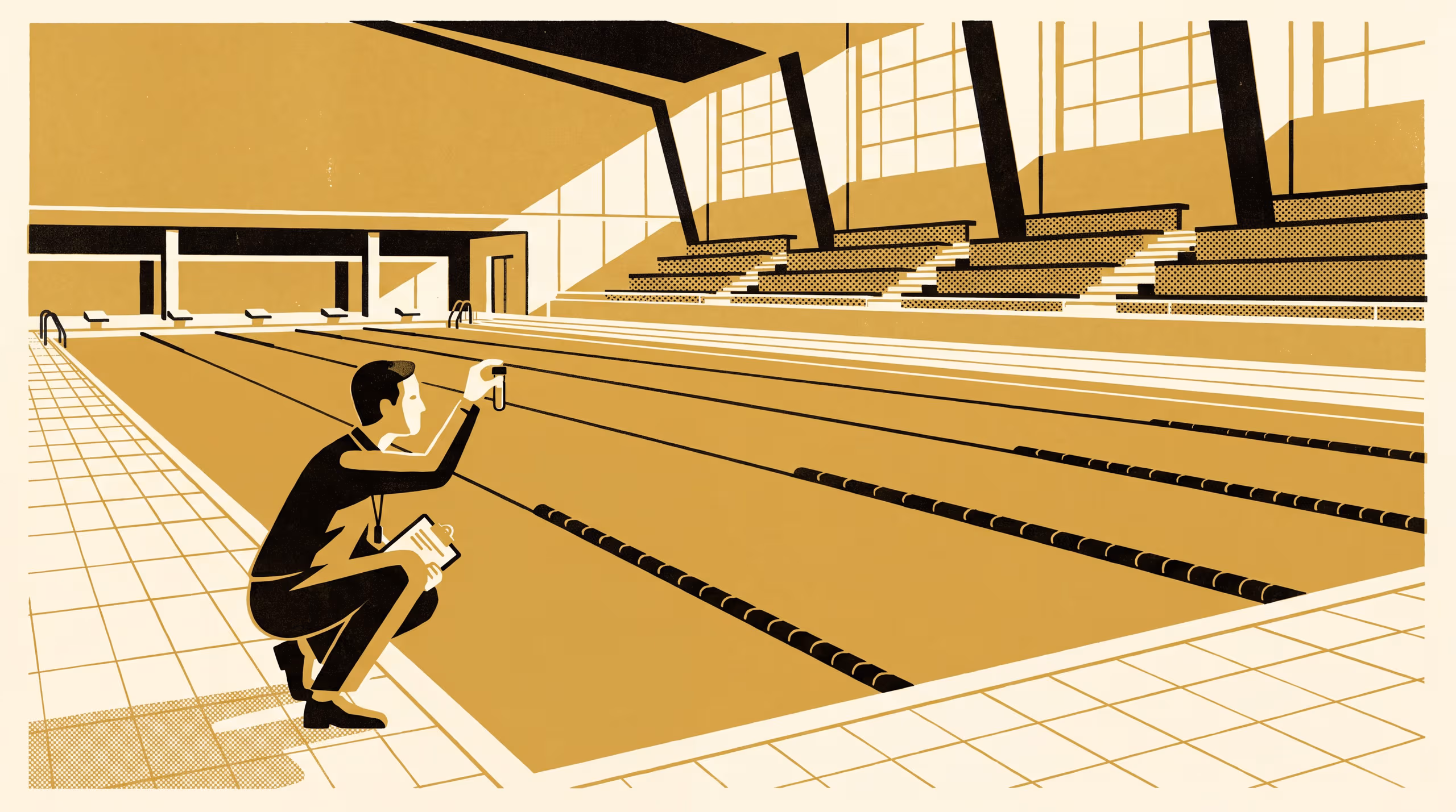 Illustration for Tested Before Anyone Swam: A ranking-brag signage campaign for the School of Continuous Improvement, staking the Evaluation of Evaluation's first place on the hour a public pool's compliance sample is drawn rather than on what it reports