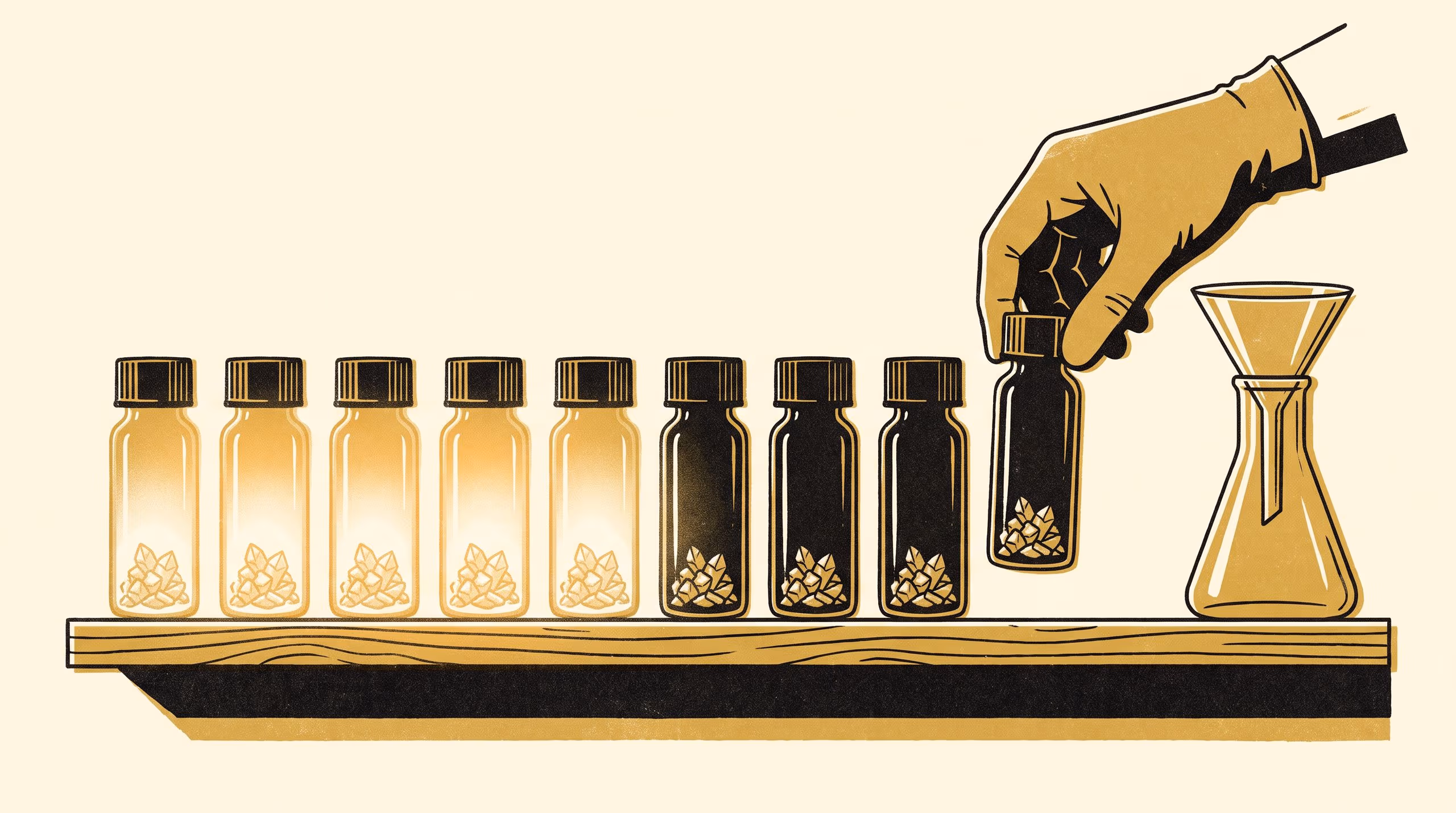Illustration for We Purified It Until It Stopped Glowing: A landscape research-teaser campaign from the School of Continuous Improvement, built around the University's study of an afterglow that left one batch of crystals with the filtrate