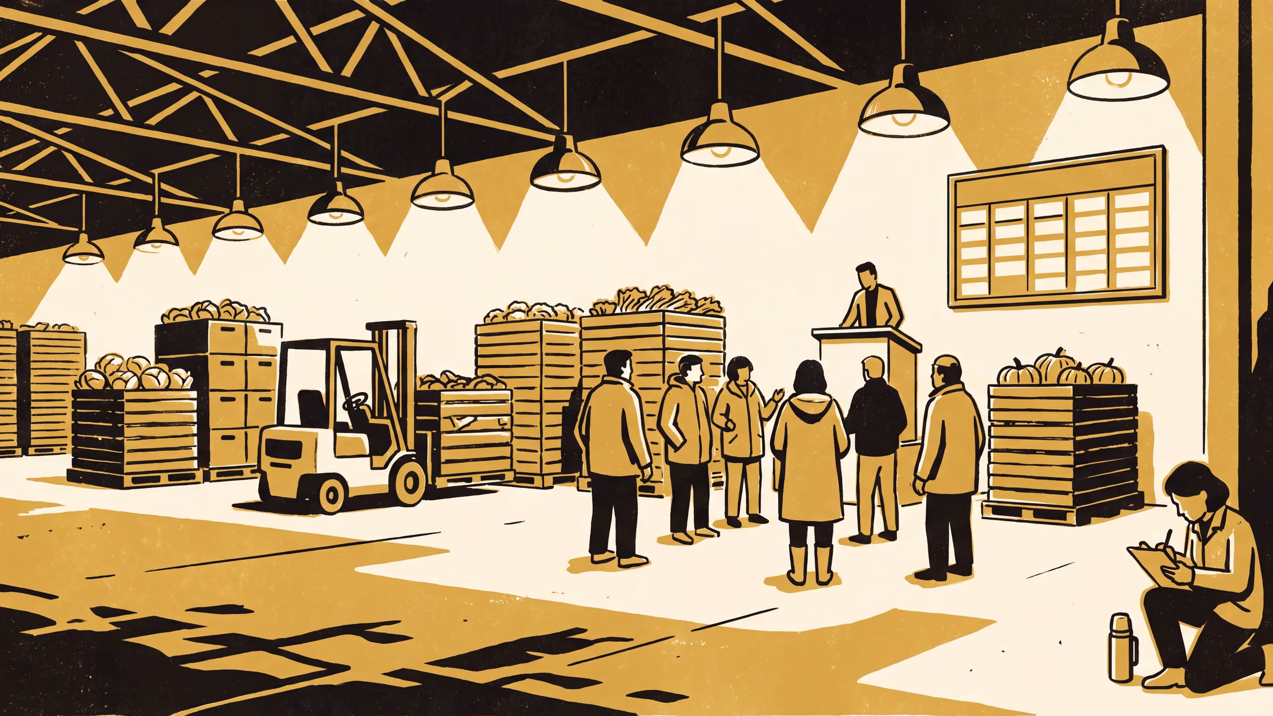 Illustration for We Reach the Market Before the Price Does: A ranking campaign for the University's attendance at price discovery, set on a wholesale produce floor in the hour before trading opens