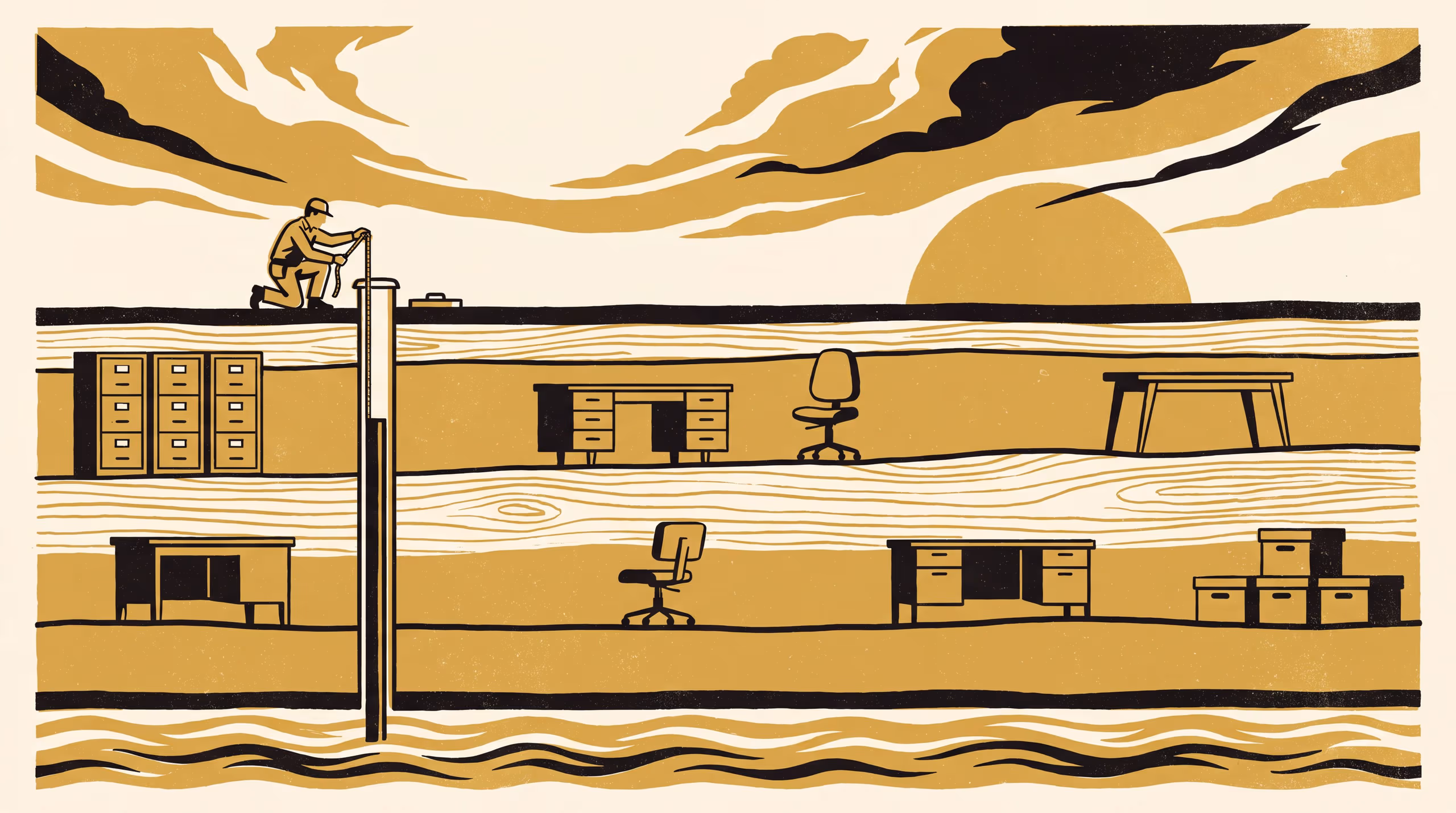 Illustration for What a Restructure Leaves in the Ground: A display campaign for an Improvement Grand Rounds session in which a groundwater hydrologist reads decades of organisational change from one monitoring bore.