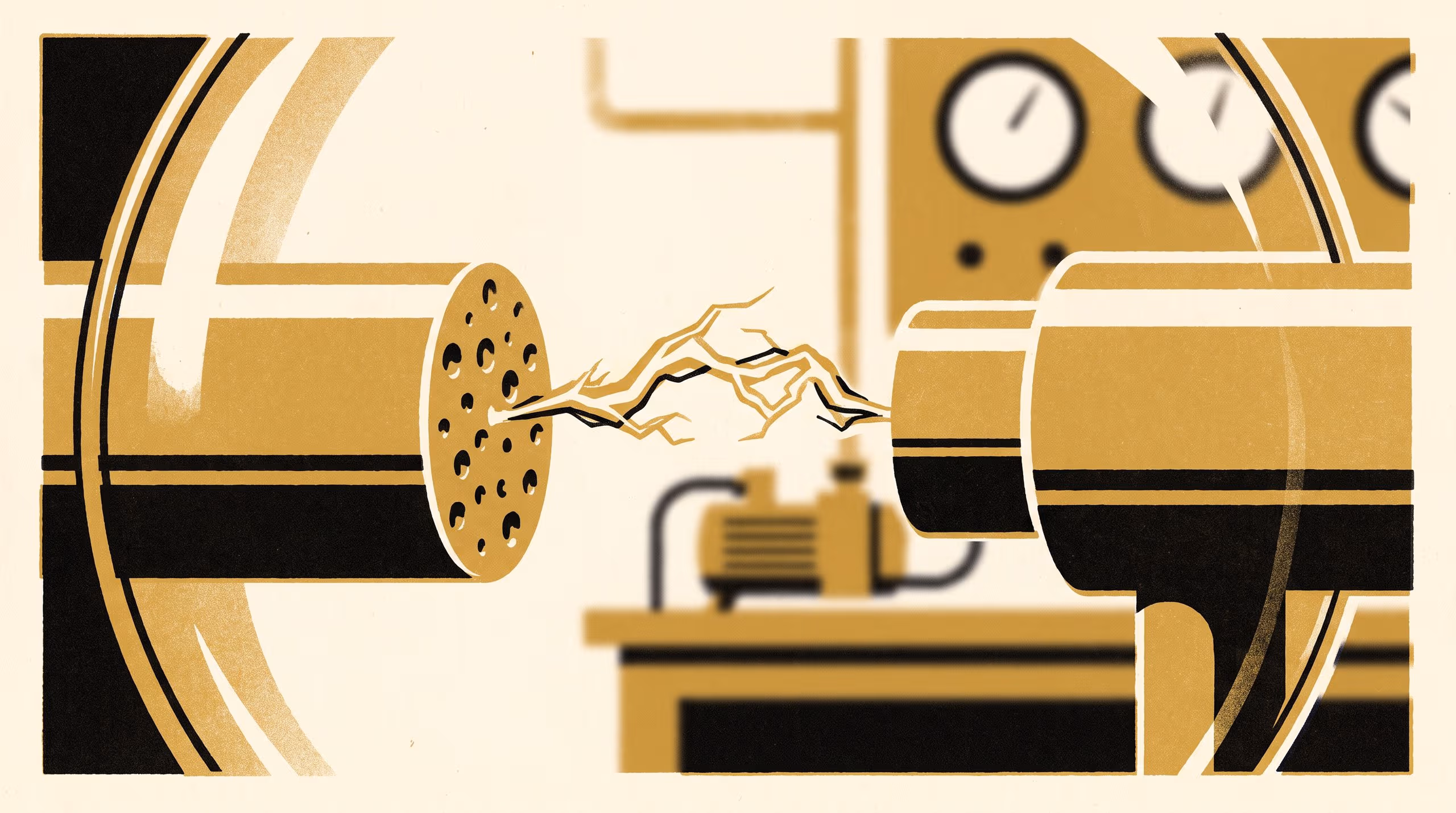 Illustration for Nothing in the Gap. Something Crosses.: A portrait campaign for a public session of Improvement Grand Rounds, set in a lecture hall with an arc struck inside a bell jar