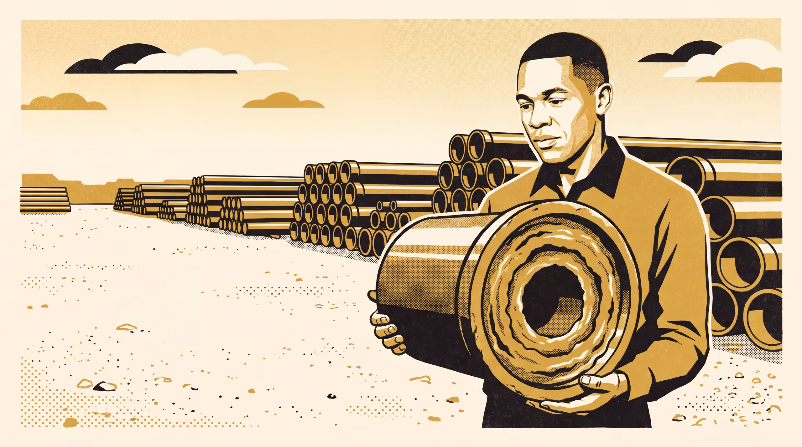 Illustration for We Notice What Narrows Slowly: A featured-researcher display campaign for the School of Continuous Improvement, set in a pipe yard beside a main narrowed over decades.