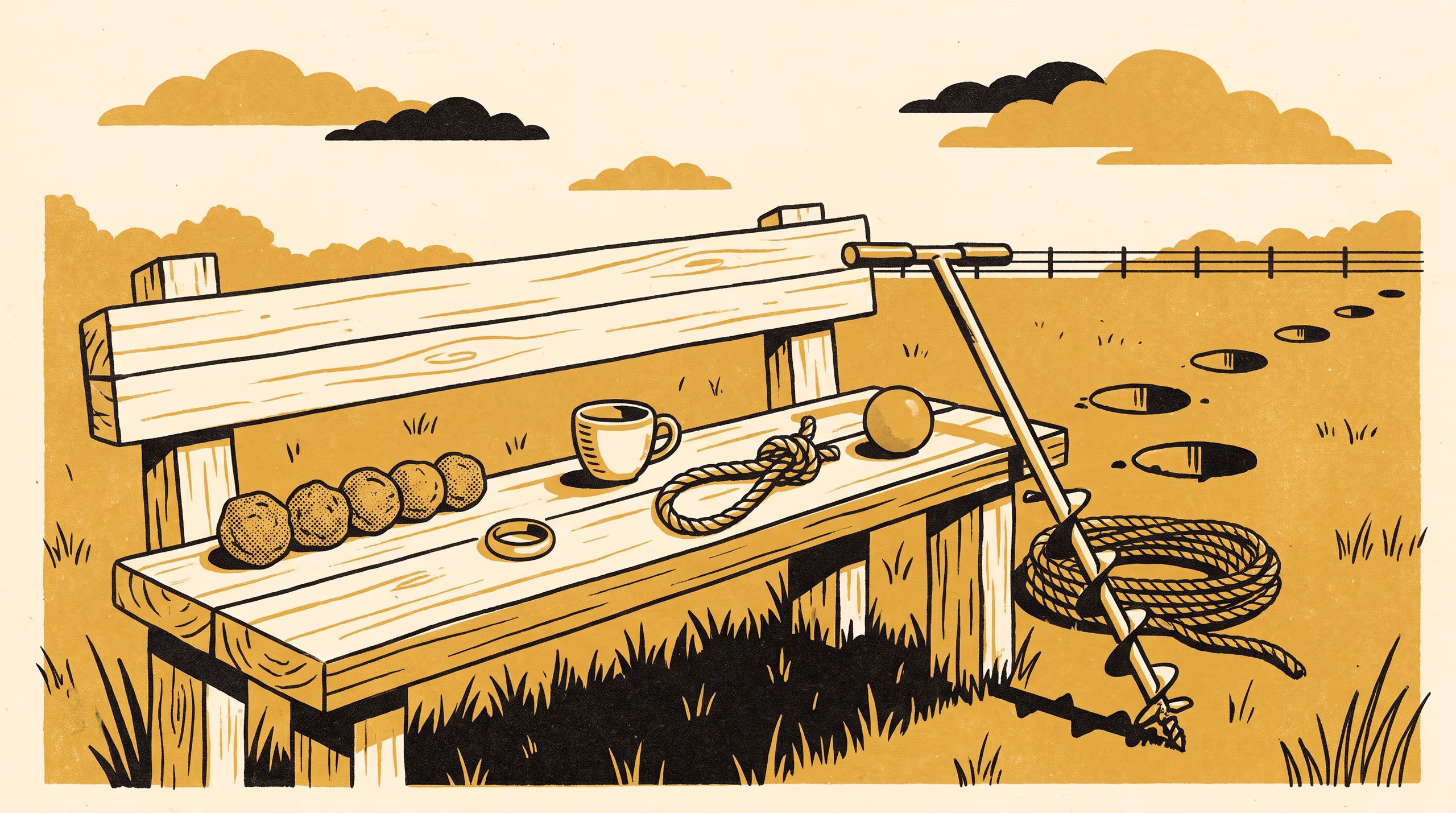 Illustration for What Stays the Same When Everything Bends: A featured-researcher campaign for Slop University, in which a soil surveyor holds a ring of clay over a paddock of auger holes