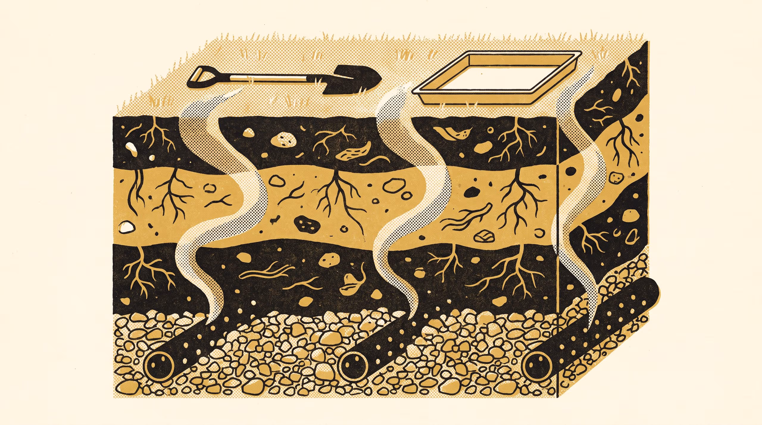 Illustration for Where the Air Goes to Be Cleaned: A landscape Open Day campaign for the School of Underlying Conditions, set beside a soil bed with a duct running under it