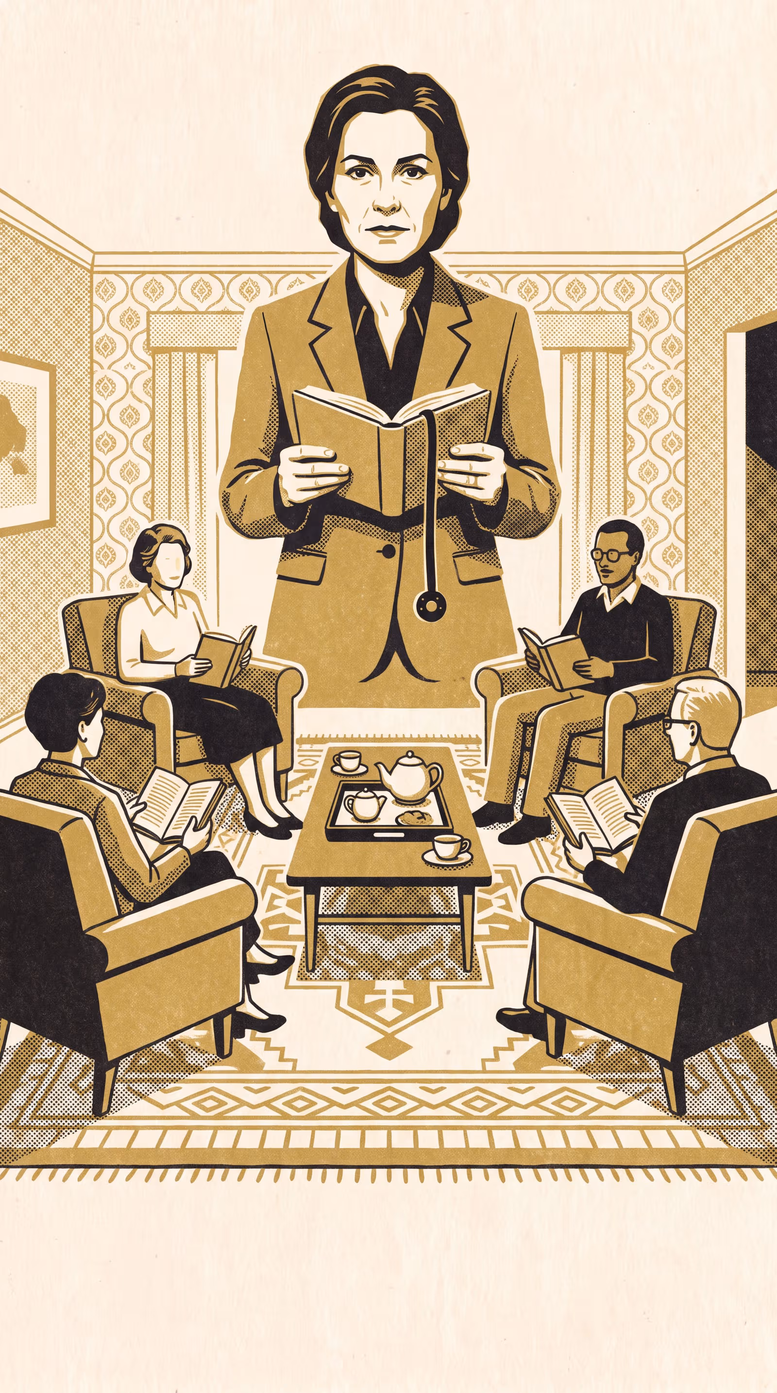Illustration for Which page are you on?: A featured-researcher pitch for the School of Continuous Improvement, built around a page-reading bookmark that limits each book-club member's discussion to the page it last reported