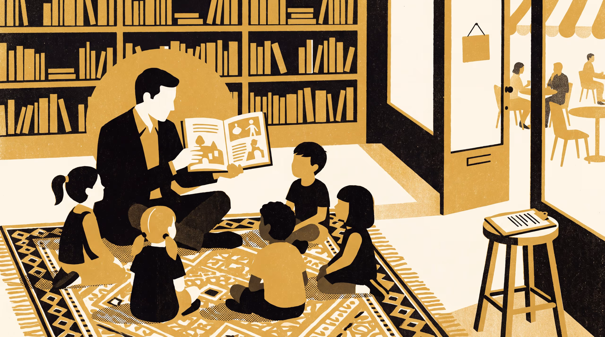 Illustration for Who Heard the Book This Saturday: A ranking-brag campaign for the School of Emergent Priorities, staged around an independent bookshop's Saturday storytime