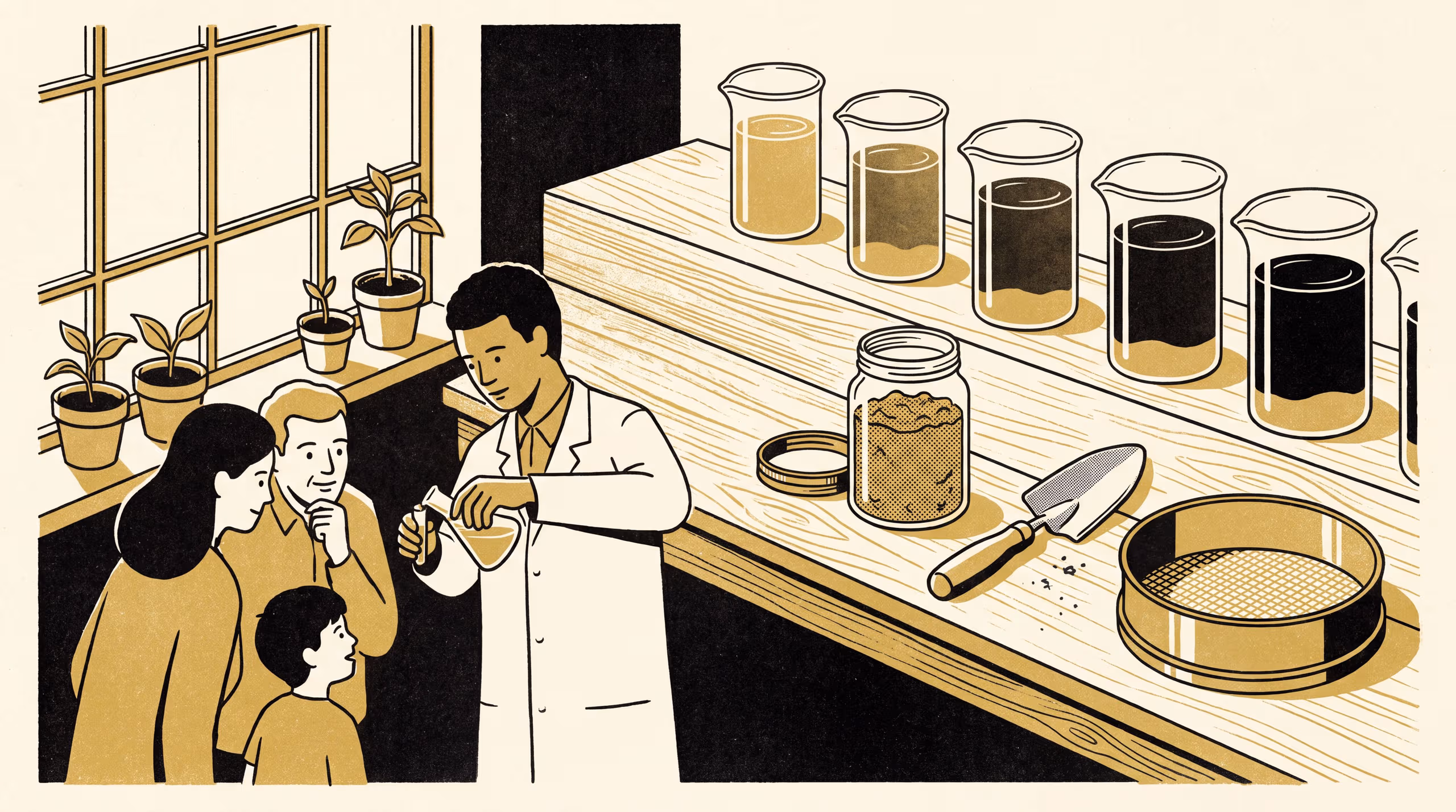 Illustration for Your Garden Is Darker Than You Think: An Open Day campaign asking visitors to the School of Underlying Conditions' soil laboratory to arrive with a jar of their own garden soil