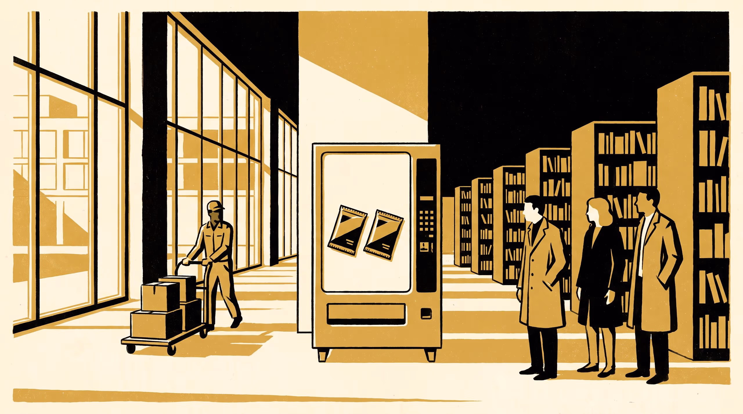Illustration for Notes on a Second Packet: What the concourse machine lends, and to whom, in the words of the people who wait for it.