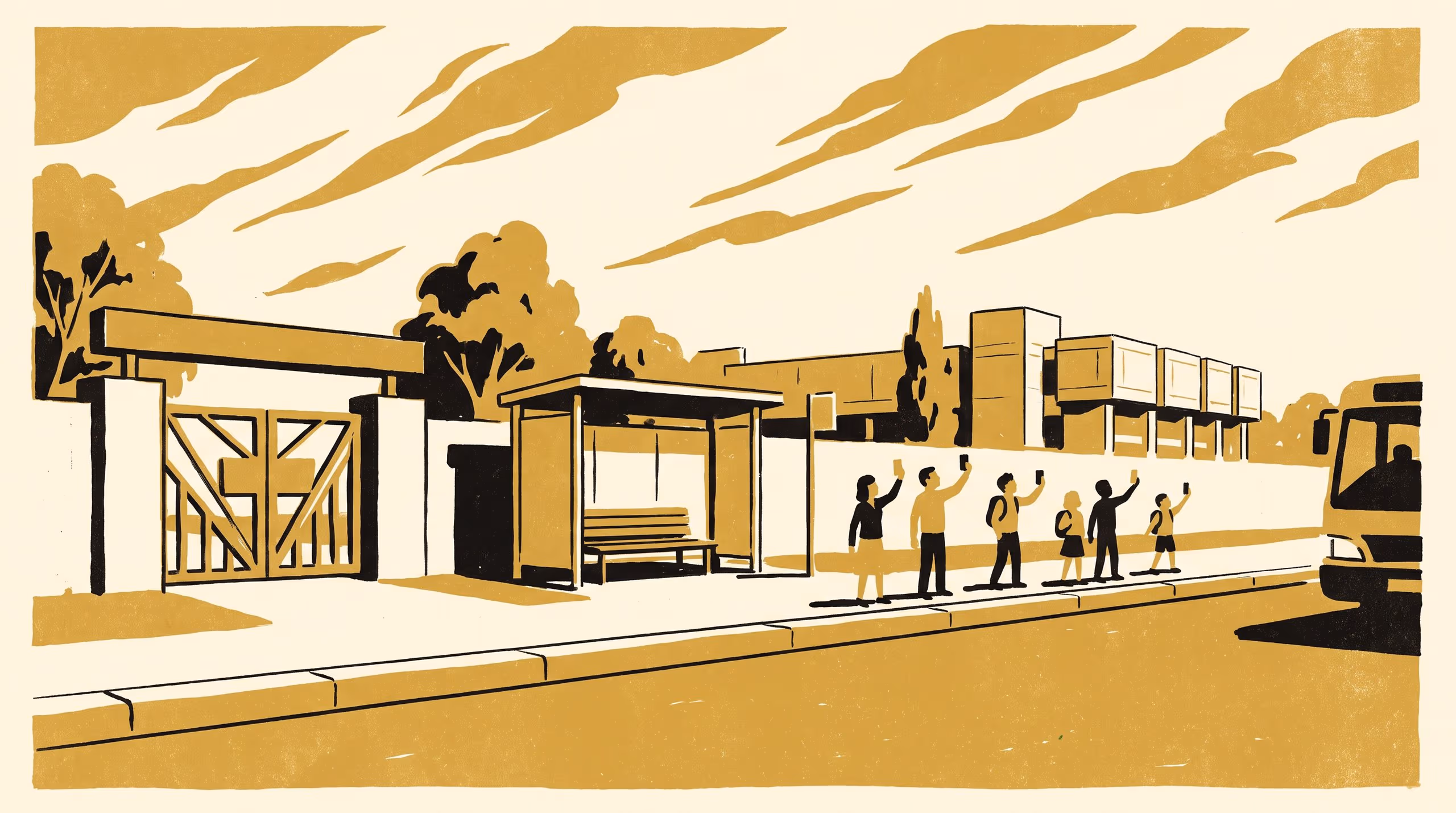 Illustration for Nearly Means Nine: The School of Continuous Improvement's Impact Report 2021-2026, on the minutes behind a "nearly there" at the school gate and the bus stop