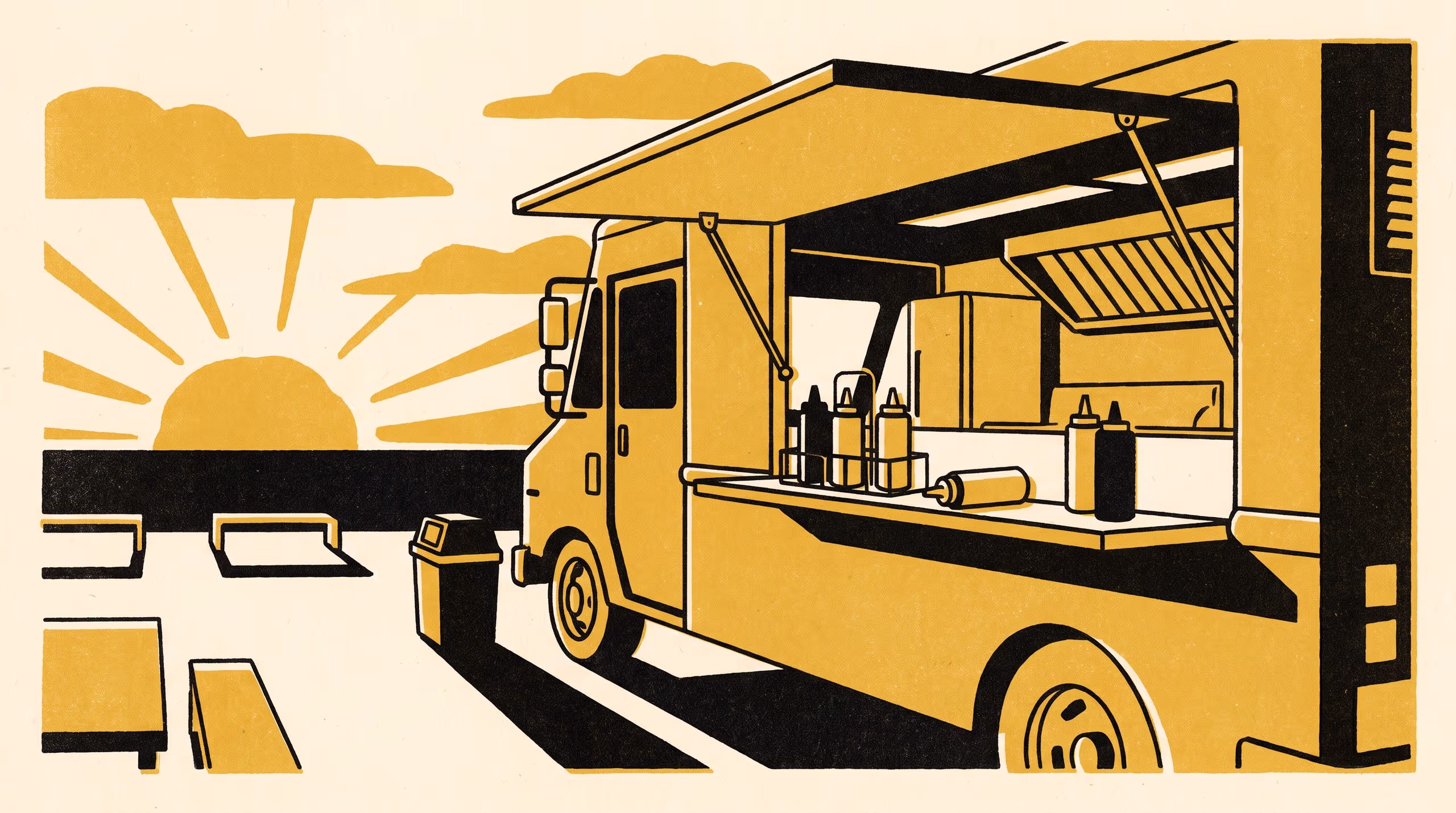 Illustration for Sauce-caddy bottles occupy one of four named cells: Five years reading the food-truck sauce caddy, and the licensing rule the School built from the quadrant