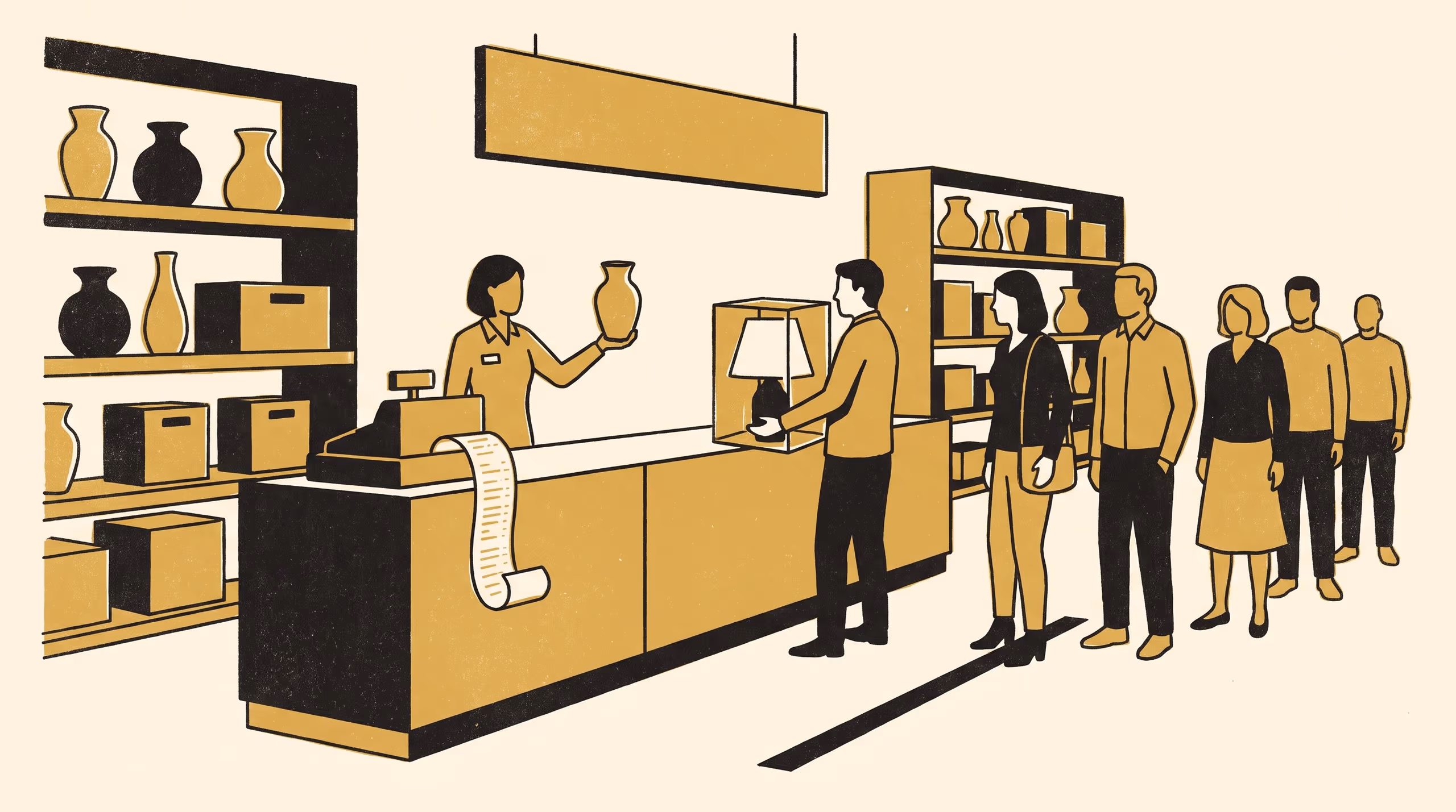 Illustration for Policy Applies Off-Peak: A Receipt-by-Queue Quadrant of Refund Decisions at a Homewares Returns Counter, and the Queue-Contingent Enforcement Rule Drawn From It