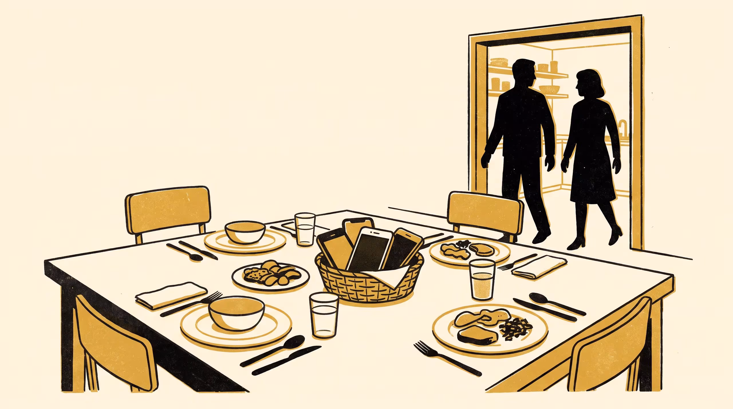 Illustration for The Rule as Told, the Rule as Kept: An Interview Study of How Households Enforce, Bend, and Quietly Redraw Their Own Phones-in-the-Basket Dinner Rule