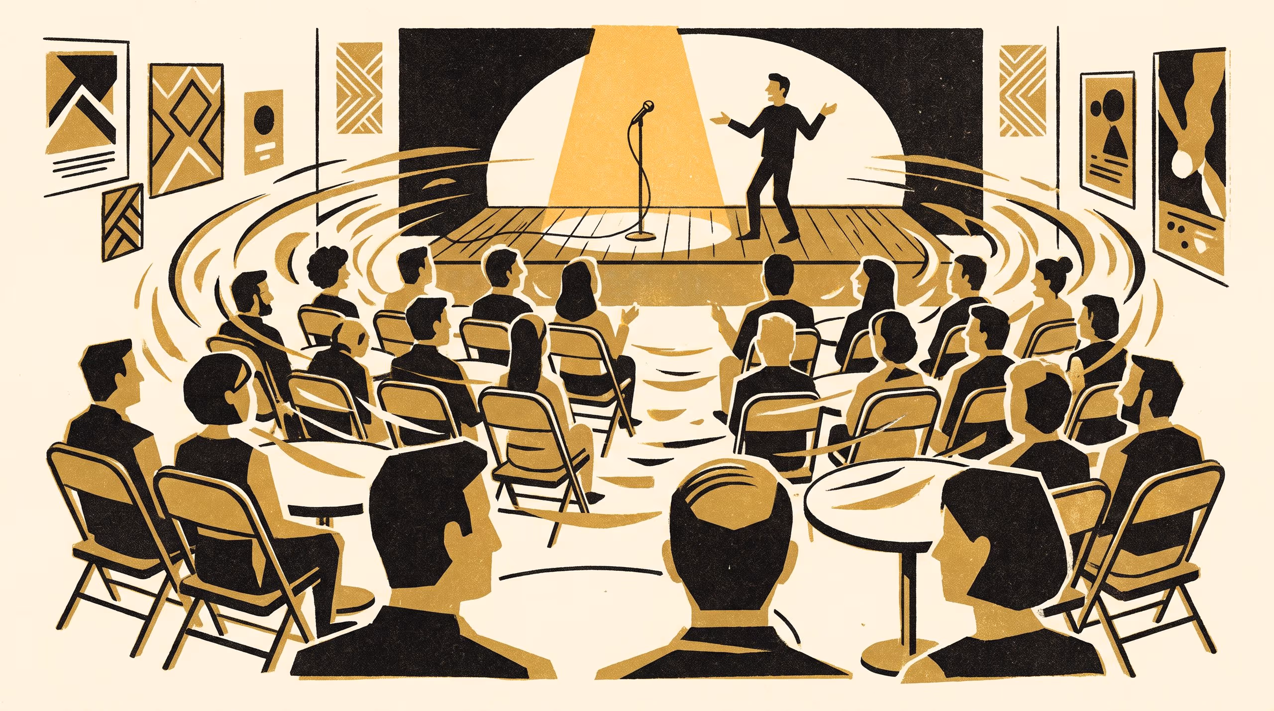 Illustration for A Standing-Ovation Threshold Model Fails to Predict When a Comedy Room Laughs: Replicating STANCE's Seat-Geometry Contagion Model at a Suburban Comedy Open-Mic Night