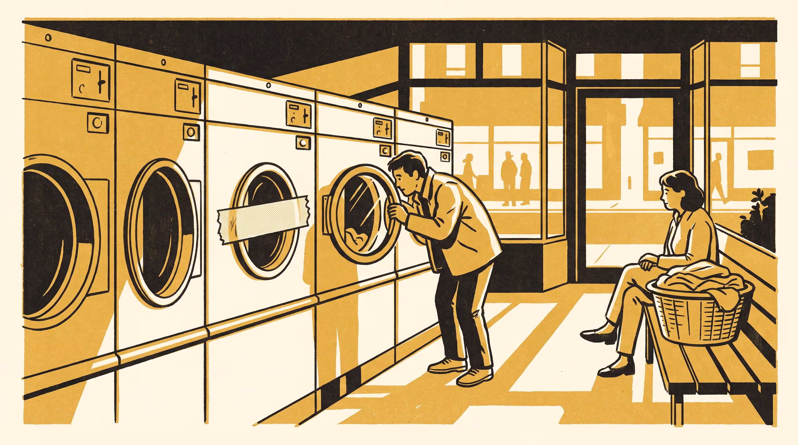 Illustration for Back Soon, Still Waiting: A Signage Taxonomy and Interview Study of Trust in Coin-Laundromat Repair Promises