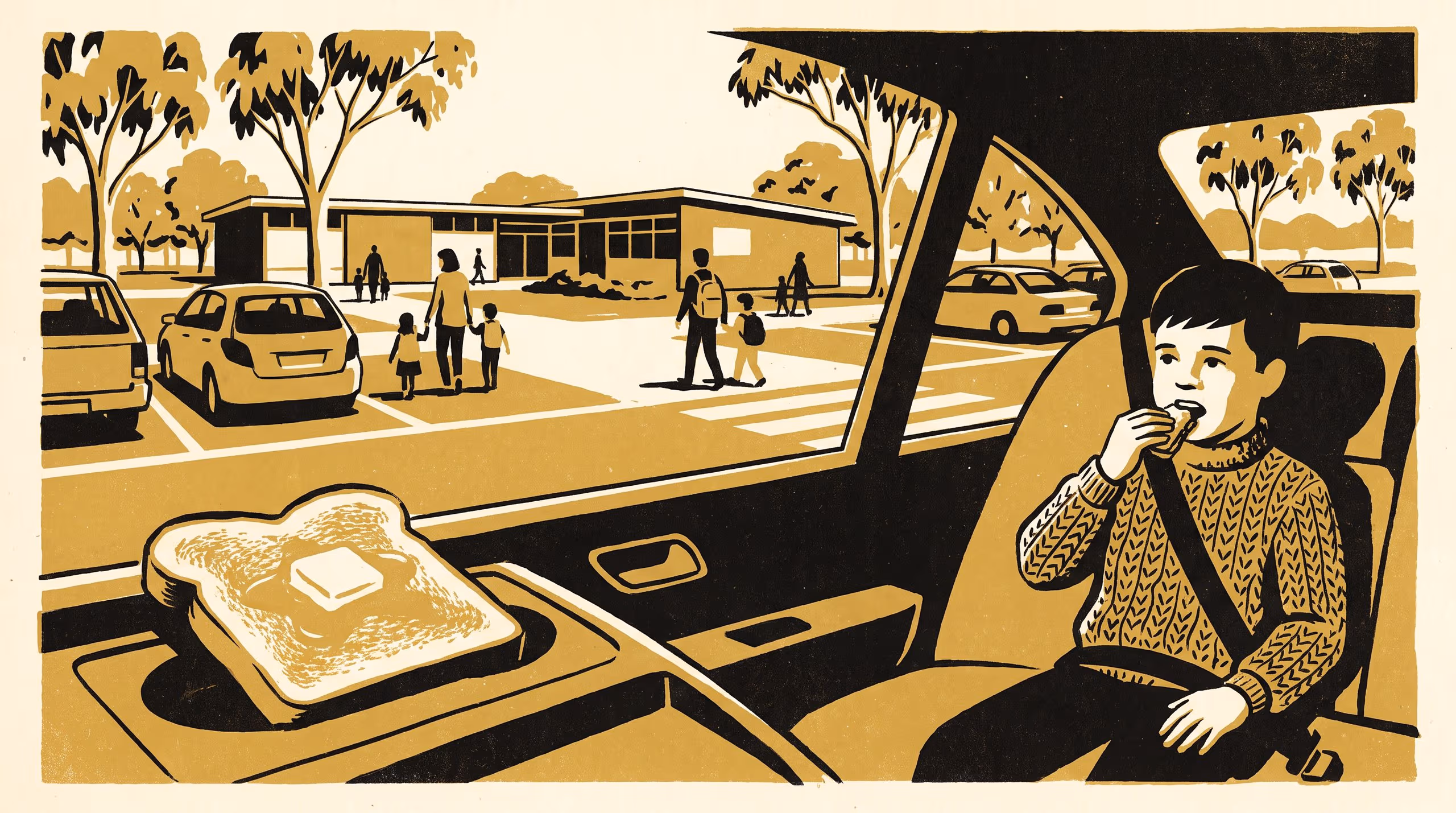 Illustration for Toast in the cup-holder, bay fourteen, eight-twenty: a case study of the driveway-departure scorer on one primary-school run