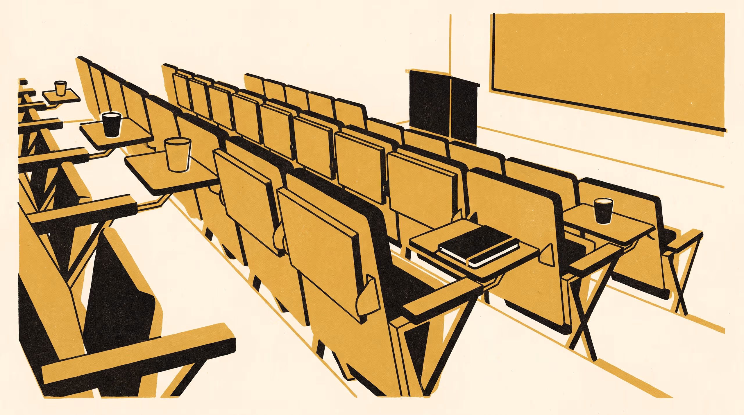 Illustration for A cup on the tablet-arm is the only kind that keeps a lecture on the timetable