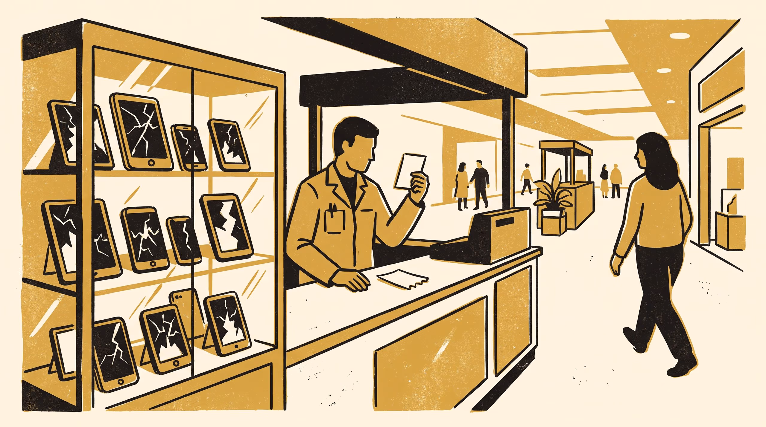 Illustration for Interviewing Sixteen Shopping-Centre Phone-Repair Kiosks About Quotes That Never Return: A Repairability Credit Printed on Every Quote